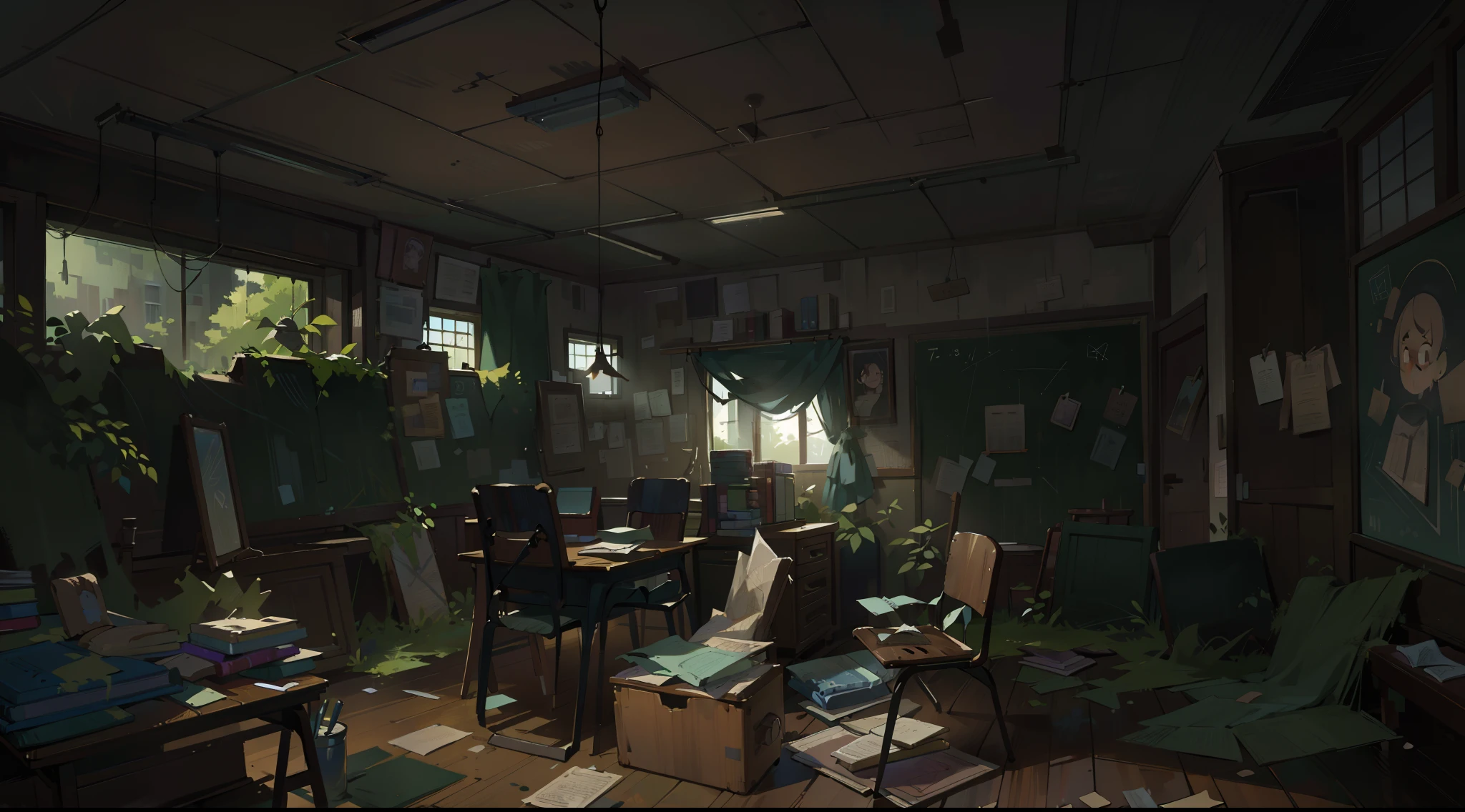 (best quality,4k,8k,highres,masterpiece:1.2),ultra-detailed,(realistic,photorealistic,photo-realistic:1.37),deserted classroom,old wooden desks,chairs covered in dust,cracked blackboard,vintage textbooks,overturned books,papers scattered on the floor,spider webs in the corners,broken windows with sunlight streaming in,tattered curtains hanging at the windows,quiet and eerie atmosphere,dark and gloomy lighting,retro art style,dull color palette,haunting silence