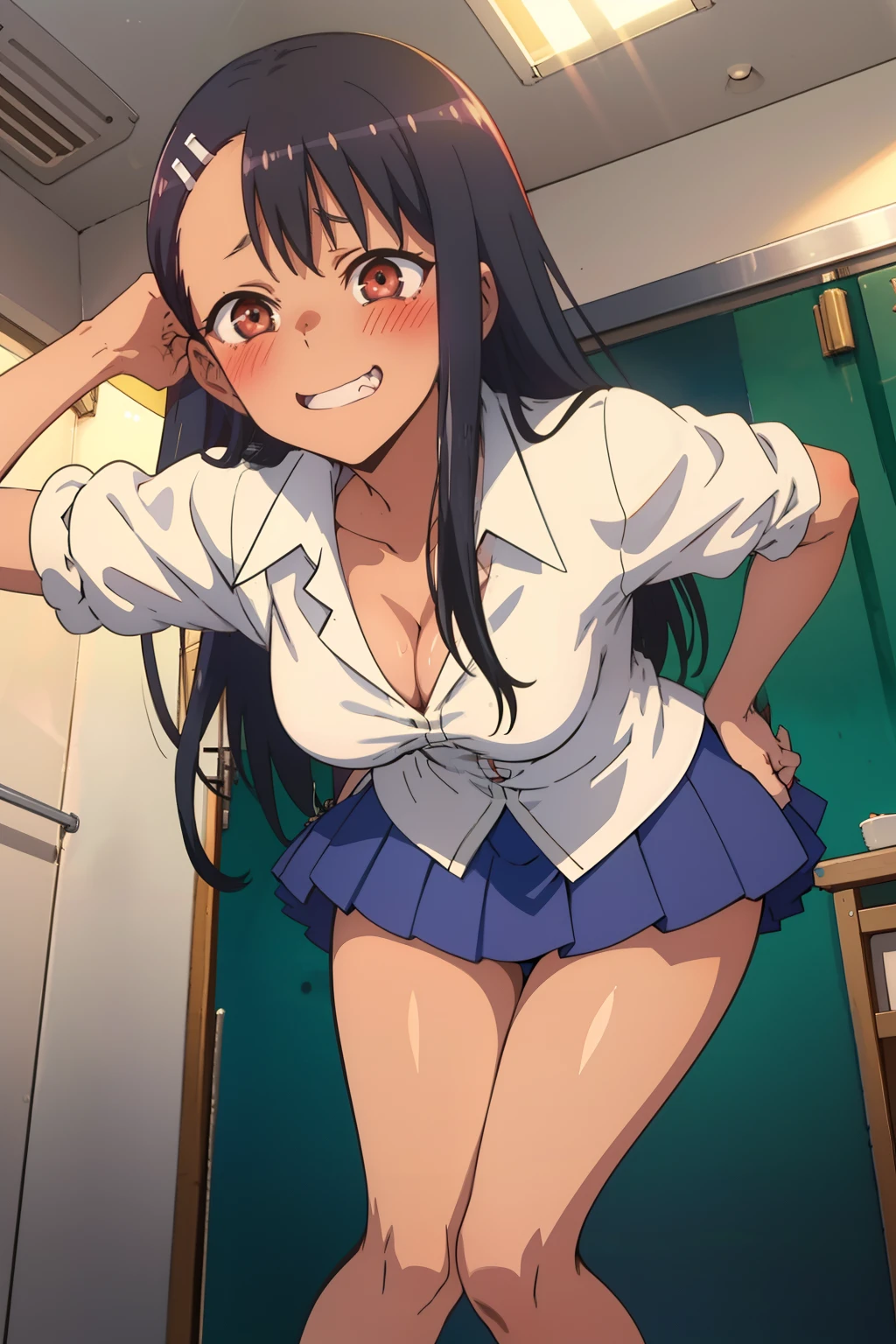 nagatoro hayase, cleavage, thick legs, extremely detailed hands, small breasts, (from below:1.2), bent over, grin, blush, best quality, masterpiece, perfect lighting, arms vagina, sex, anal, big ass, horny face, super sexy, back view,