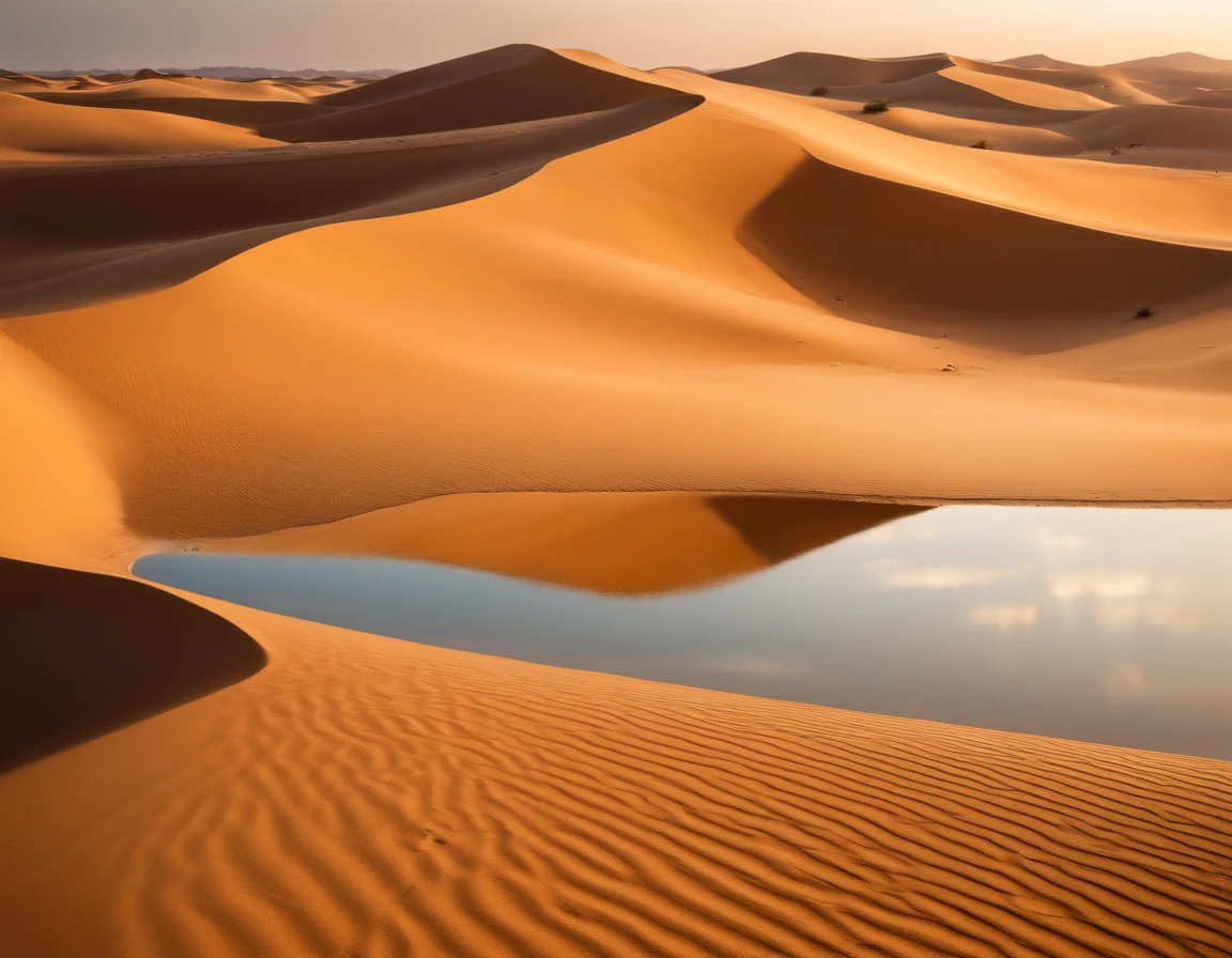 (best quality,4k,8k,highres,masterpiece:1.2),(ultra-detailed),(realistic,photorealistic,photo-realistic:1.37),desert,harmony,grand sand dunes,oasis in the desert,lake in the desert,lush oasis in the desert,beautiful reflection,sand dunes,the most perfect desert in the world,desert photography,Sahara Desert,smooth reflection,tranquil desert environment,serene desert,sandy desert,deep golden desert