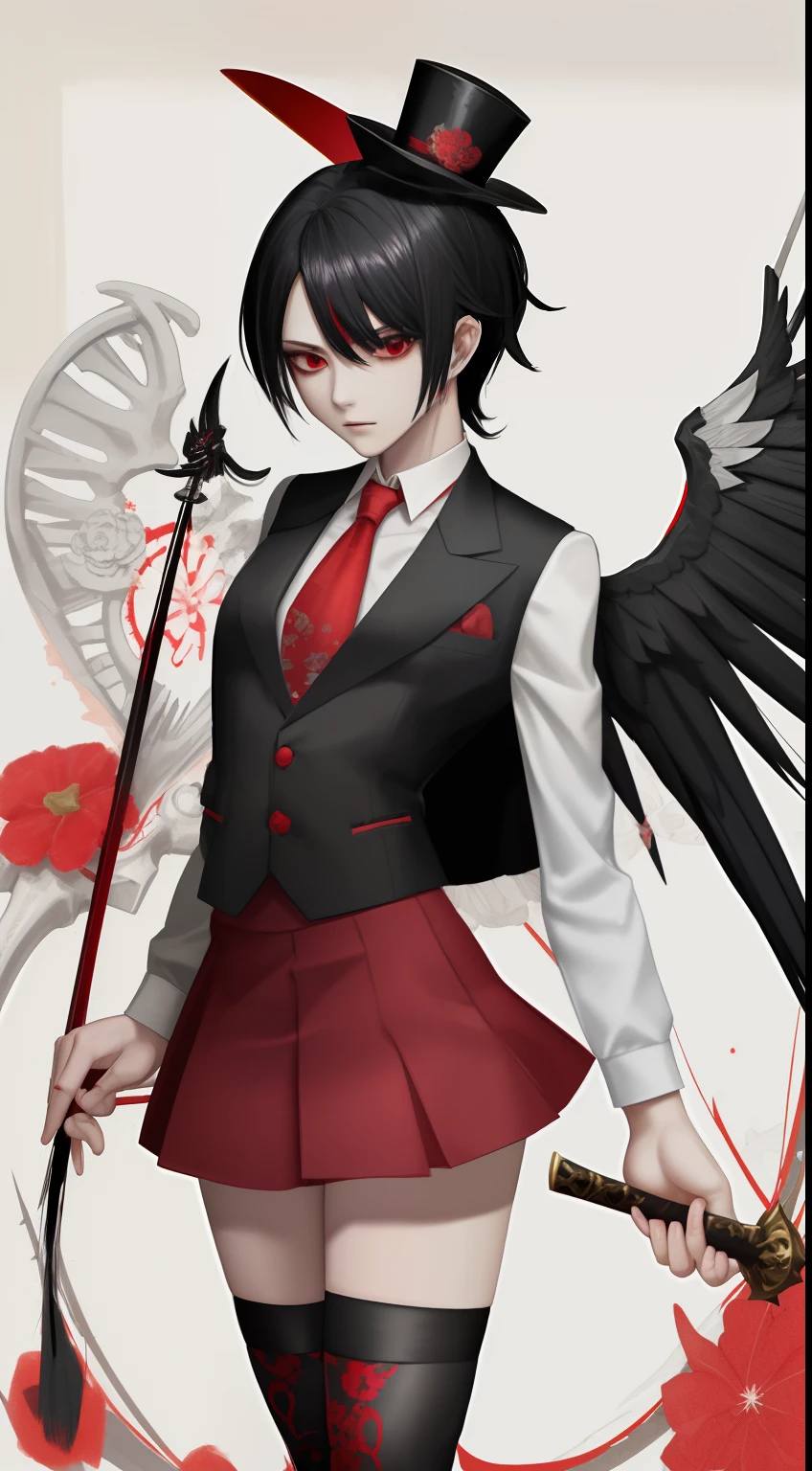 spear、Black hair with red、Vest under blazer、Small top hat and floral ornament on the right、Bone wings on the back、lowfers、knee sox、Hot pants inside the skirt
