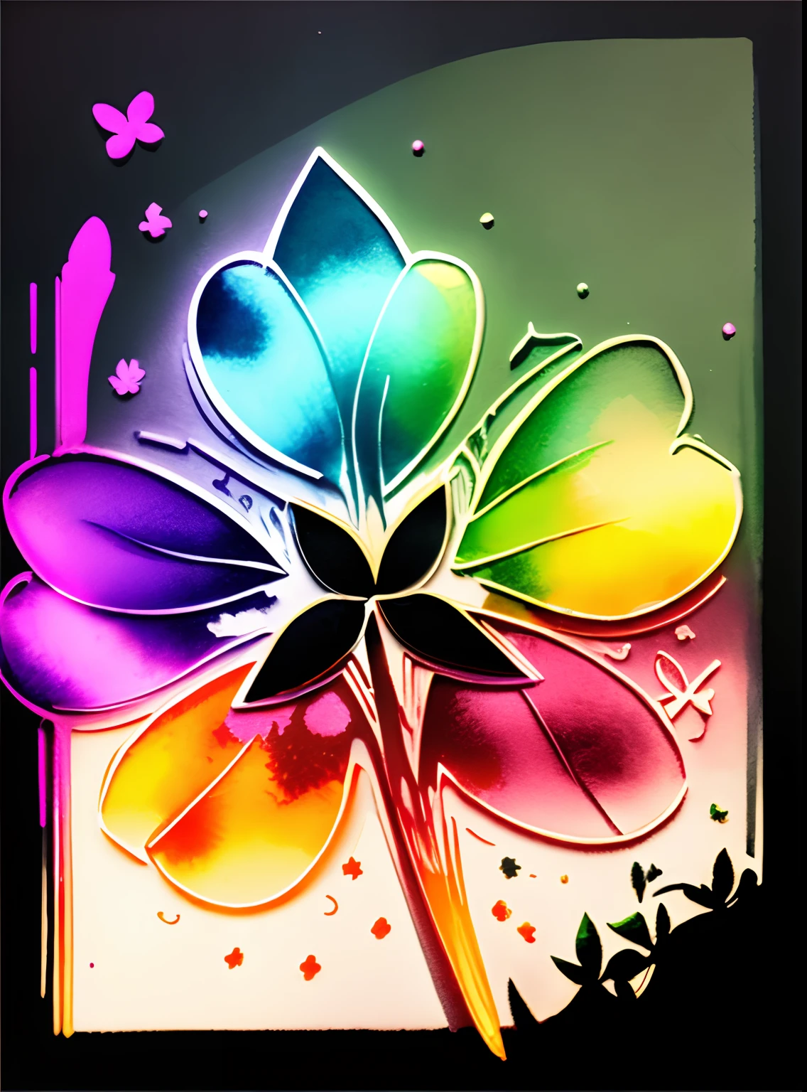 ((4K、masterpiece、top-quality))、ink and watercolor painting、Traditional Chinese Ink Painting、klee、12 leaves、Maxi Kit、Clover 12 colors、rainbows、Colorful clover isolated on black background、12-color throwbar、Rainbow clover、12-color throwbar、Breathtaking rendering、In a shining connection、Kinuko Y.Inspired by the craft、magic elements、Clover icon、The is amazing、with a gorgeous、Multi-cast colorful spells、Bright flash、The Flash