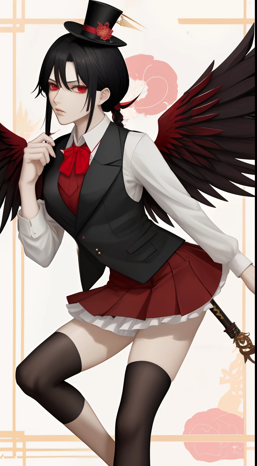 spear、Black hair with red、Vest under blazer、Small top hat and floral ornament on the right、Bone wings on the back、lowfers、knee sox、Hot pants inside the skirt