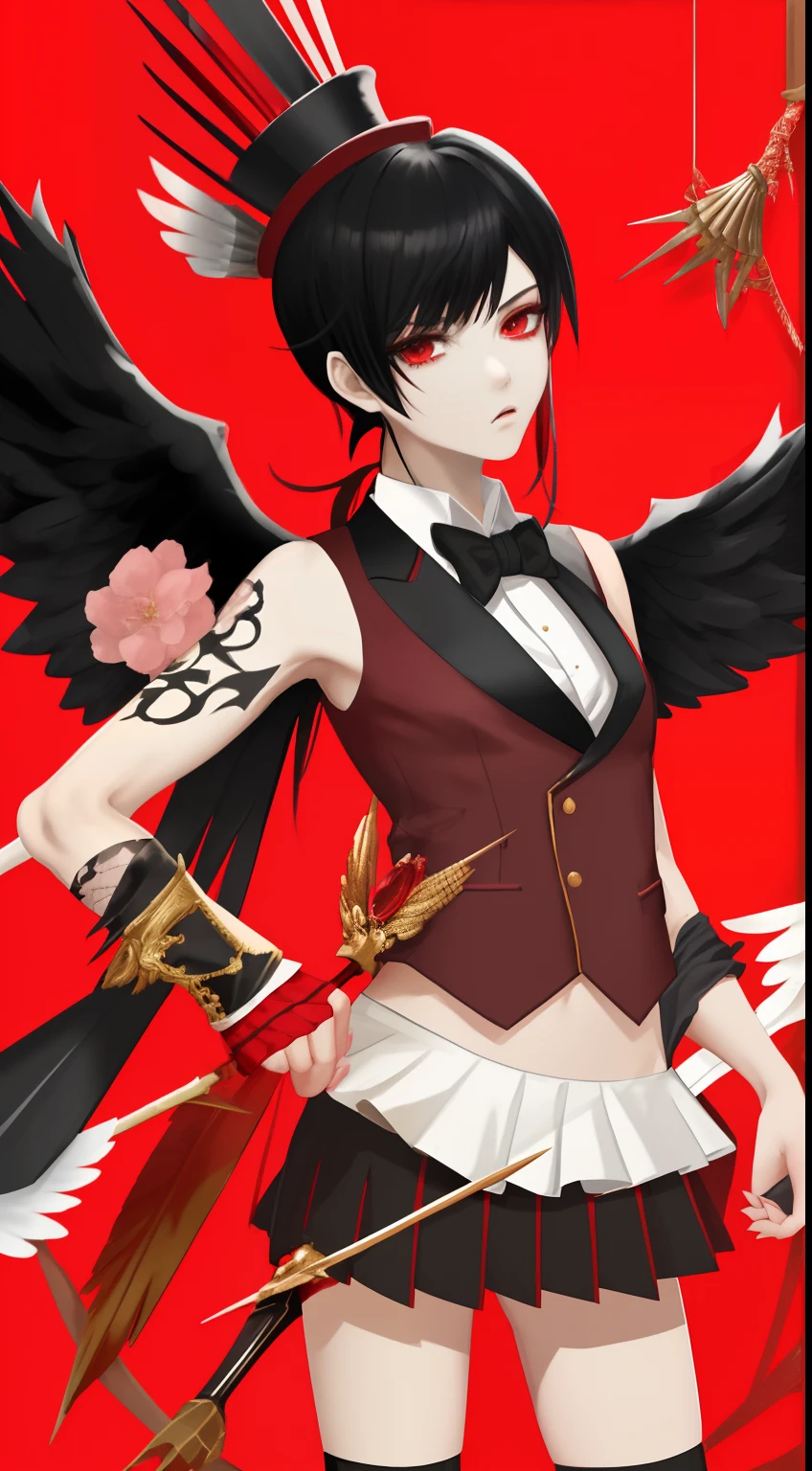 spear、Black hair with red、Vest under blazer、Small top hat and floral ornament on the right、Bone wings on the back、lowfers、knee sox、Hot pants inside the skirt