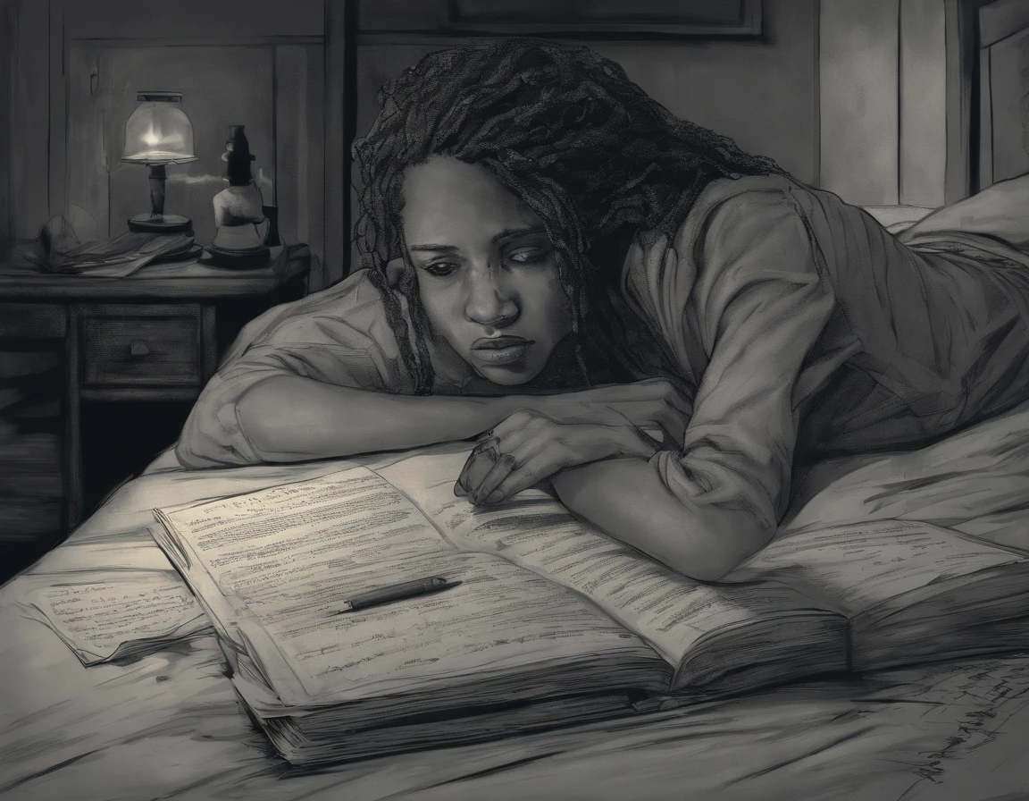 african students,late-night study session,overcoming fear,detailed faces and expressions,stressful atmosphere,bedroom setting,nighttime lighting,[anxious:0.9],[bedtime:0.9],[books and notebooks],[clock ticking in the background],[comfortable beds],educational materials,[sleepless night],[focus and determination],[supportive friends],[positive mindset:1.1],[inspiration:1.2],[perseverance],[dynamic composition],[vibrant colors],[true-to-life portraits],artistic illustrations,[highres],[realistic lighting],[detailed hair and clothing],[authentic emotions],[fearful eyes],[exhausted bodies and expressions],[ambient light from outside],[peaceful moonlight],[silence],study materials scattered on the bed.