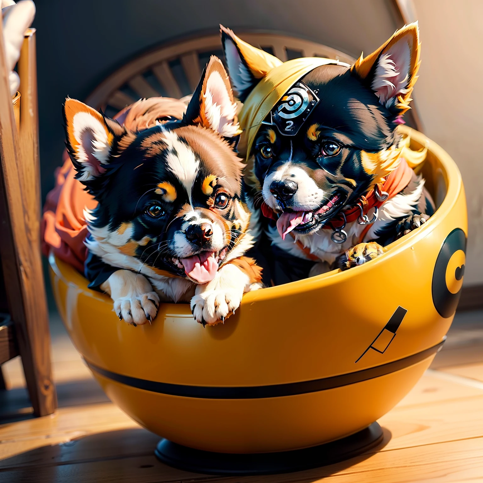 Find adorable AI World dog characters。Your dog's appearance should reflect the following characteristics.。・Popular anime「Naruto」Similar to Naruto Uzumaki. Black and orange clothes with yellow hair on head.Wear a black bowl roll on your forehead.、・Put a kunai in your mouth