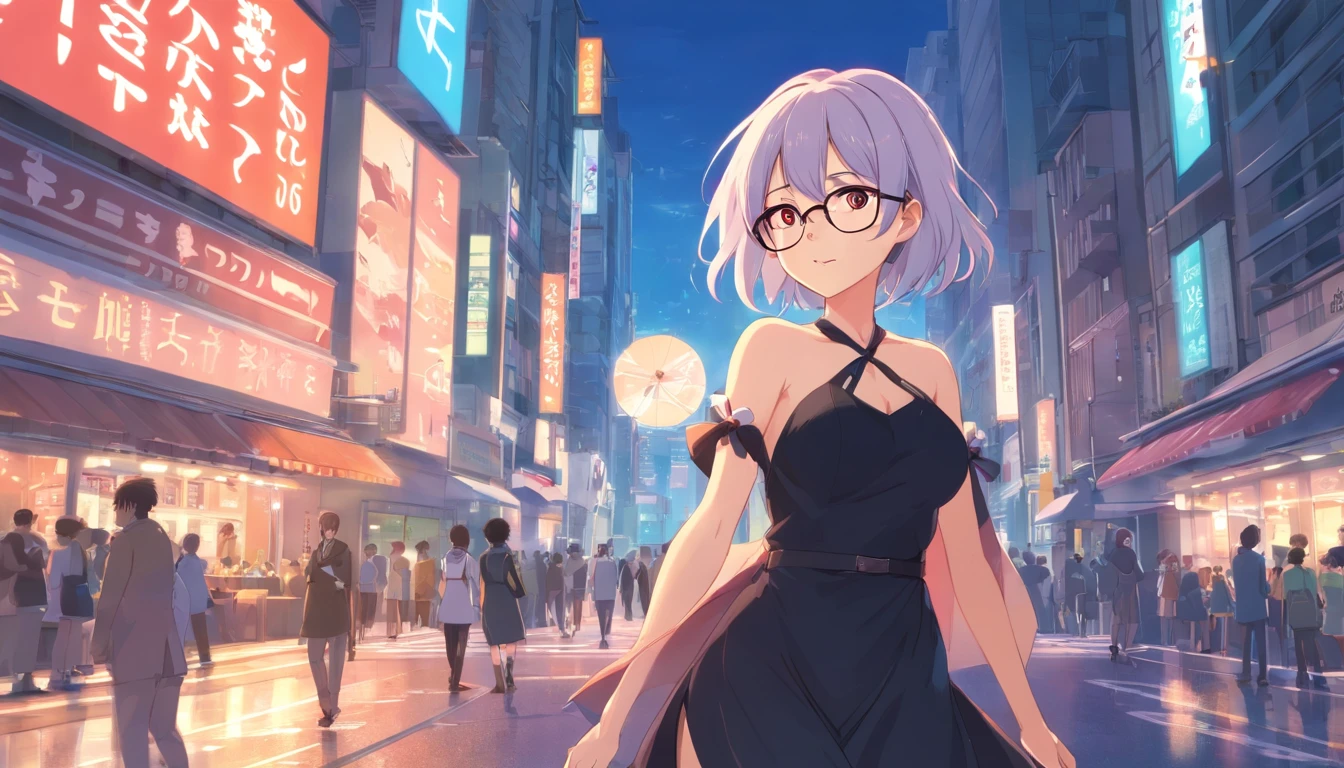 Anime girl with glasses and black dress in the city, female pervert,Super big breasts,whaite hair,red - eyed,Sick,lilie, Best anime 4K wallpapers, anime moe art style, Junko Enoshima, With glasses, portrait of lolita, 4k high res, white-haired god,From Arknights