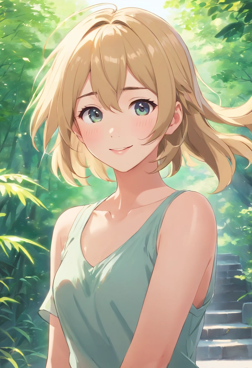 (Best quality, Masterpiece), 1fille, Haut du corps, Regarder le spectateur, fond blanc, Belle femme, sourire au levres, cheveux long, cheveux curly, blonde, ferme les yeux, heureuse
