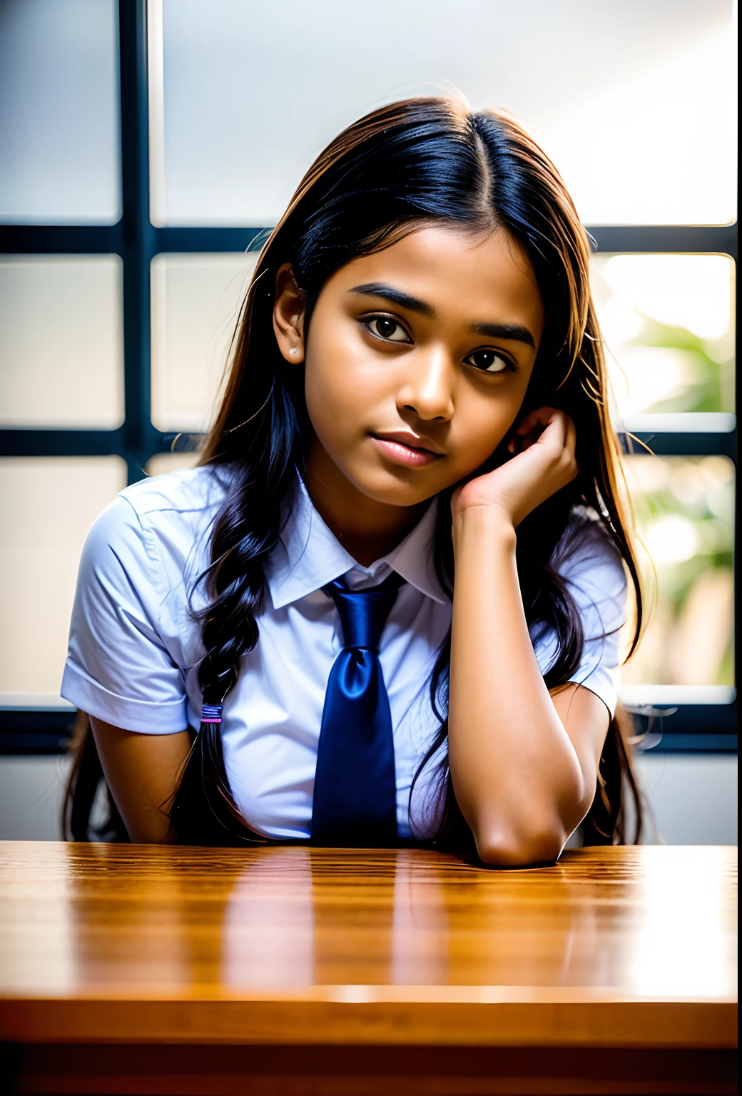 Raw photo , 1 girl ,  sleeping ,((  sleep on the table  )),Wearing white frock and color tie, white shoes ,sri lanka teen school girl, with plait , professional photographer, (hdr:1.4), masterpiece, ultra-realistic 8k, perfect artwork, intrincate details, cute face, award winning photograph, (Best quality, 8k, 32k, Masterpiece, UHD:1.3) ,