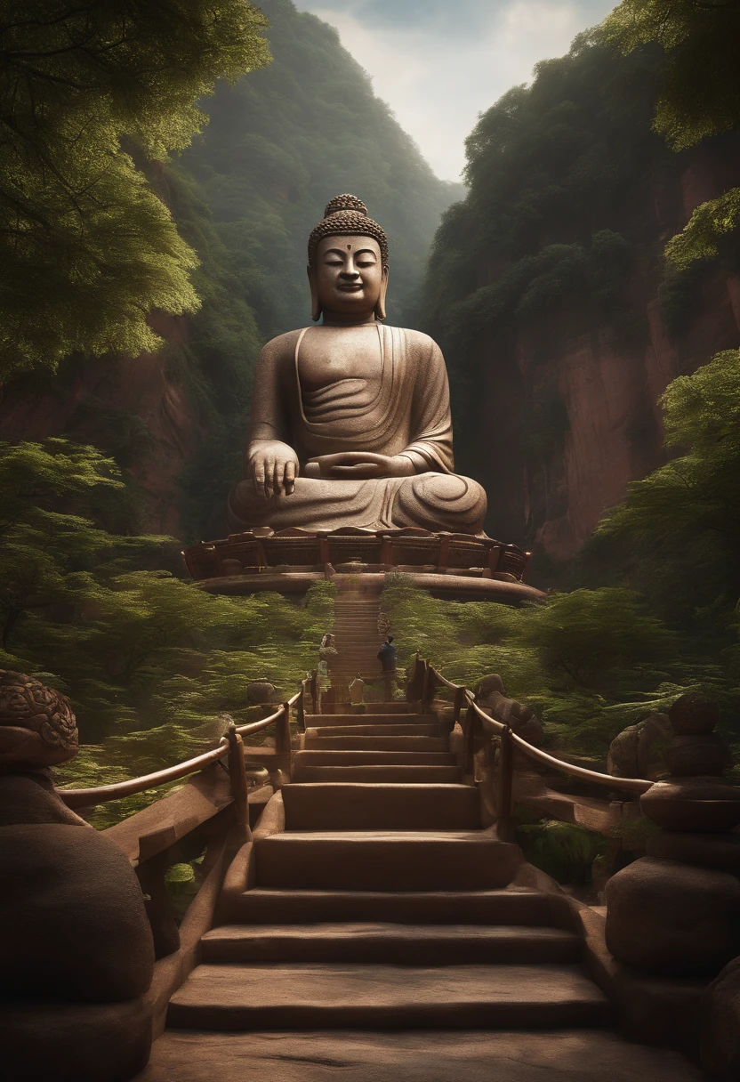 A giant, realistic depiction of the Leshan Giant Buddha, seamlessly integrated with nature, surrealism, ultra-detailed, photorealistic:1.37, three-dimensional rendering, cinematic lighting, divine illumination, ultra-high definition, masterpiece:1.2, textured skin, best quality, high resolution.