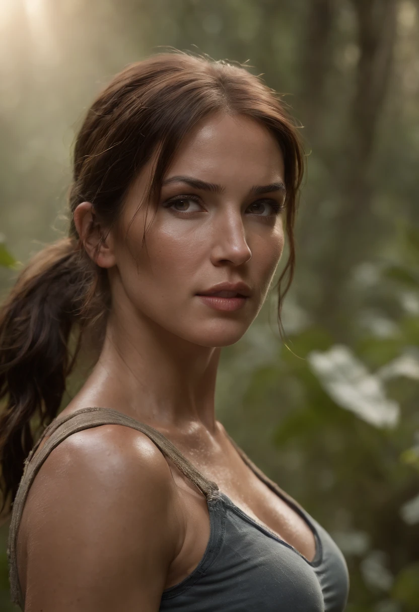 cowboy shot of lara croft, torn clothes, volumetric light, steaming body, particles, jungle, realistic