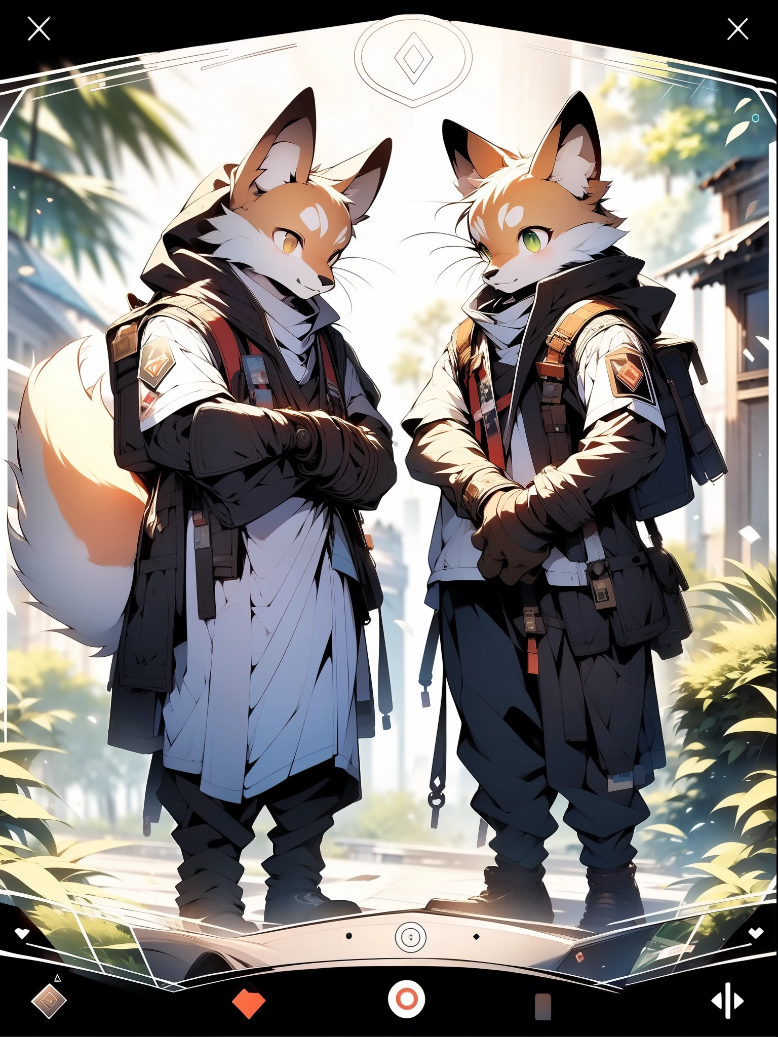 Frame of trading card, UI markup in the upper-right and lower-left corners of the game style card.dark green tone. A 14-year-old orange-haired little fox and a 14-year-old white-haired little fox scout crouch behind a tree，Aim the rifle at a distant target. He wore a camouflage jacket and pants,With bulletproof vest. Meticulous post-war military scenes, soft-focus technique