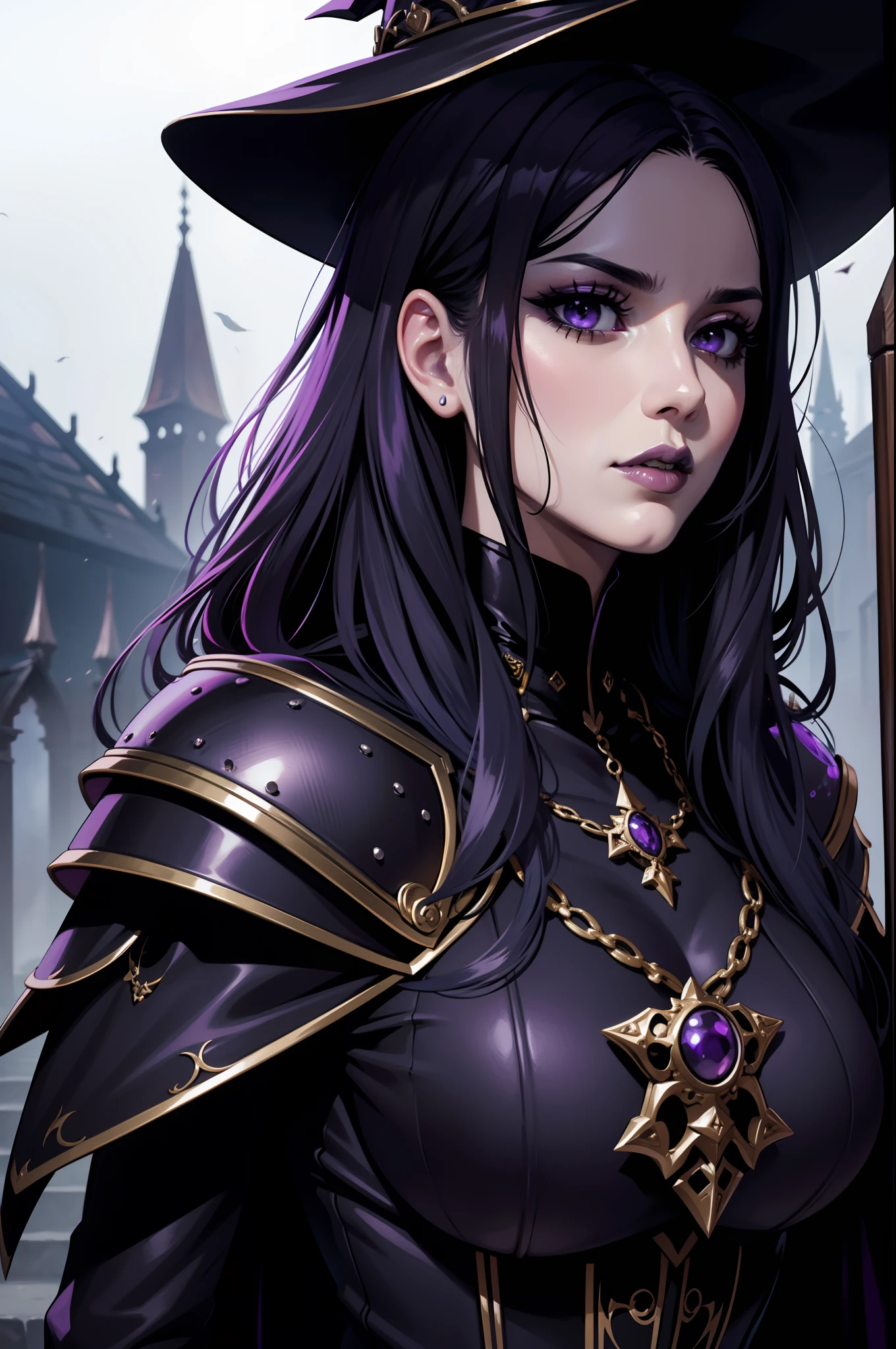 An adult vampire character witch priestess wearing a very detailed and beautiful gothic armor. Seu cabelo com corte em estilo curto, black lip color, cor roxa dos olhos;, manto, capuz, caminhando, 8k, Magnificent, Black and purple Gothic armor, capa e roxa, cabelo longo, serene facial expression