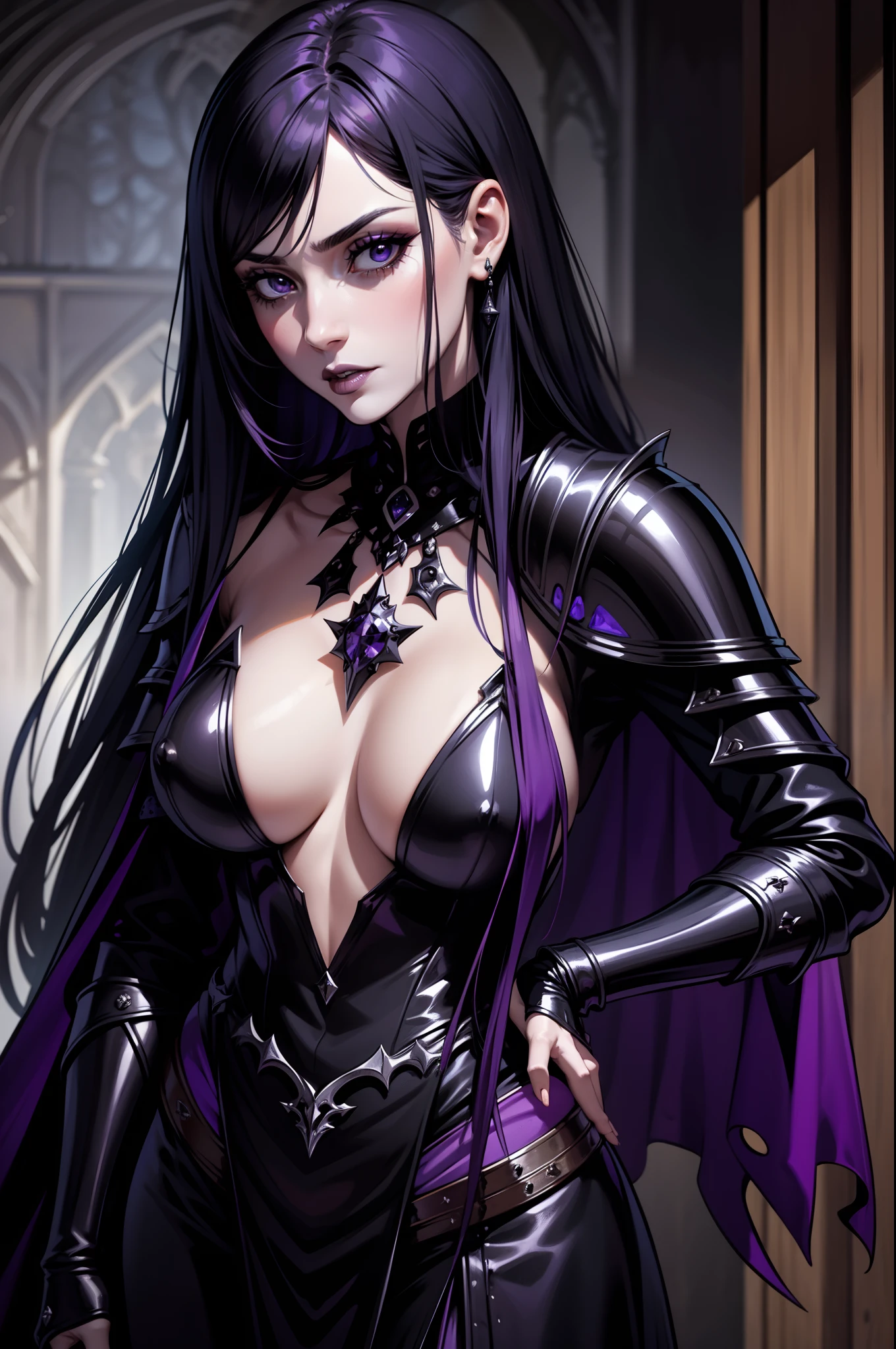 An adult vampire character witch priestess wearing a very detailed and beautiful gothic armor. Seu cabelo com corte em estilo curto, black lip color, cor roxa dos olhos;, manto, capuz, caminhando, 8k, Magnificent, Black and purple Gothic armor, capa e roxa, cabelo longo, serene facial expression