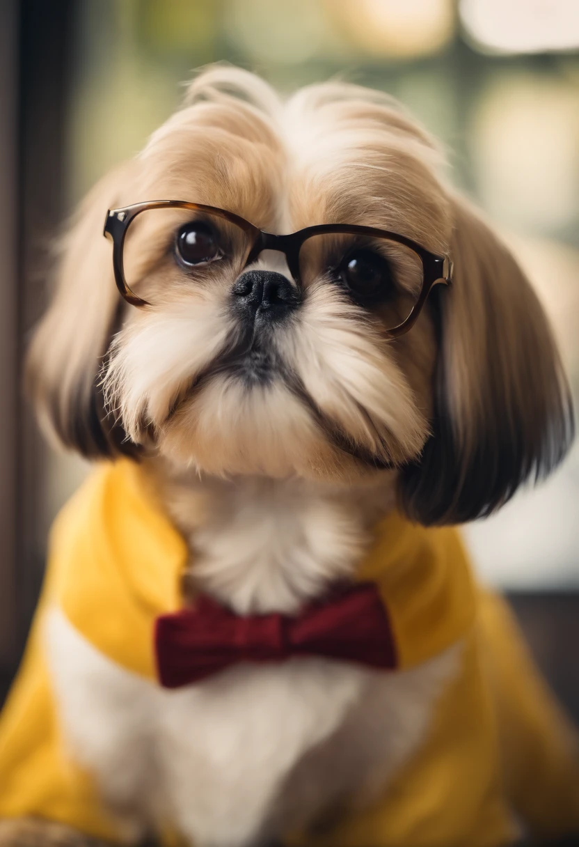 Yellow shih-tzu sitting with glasses