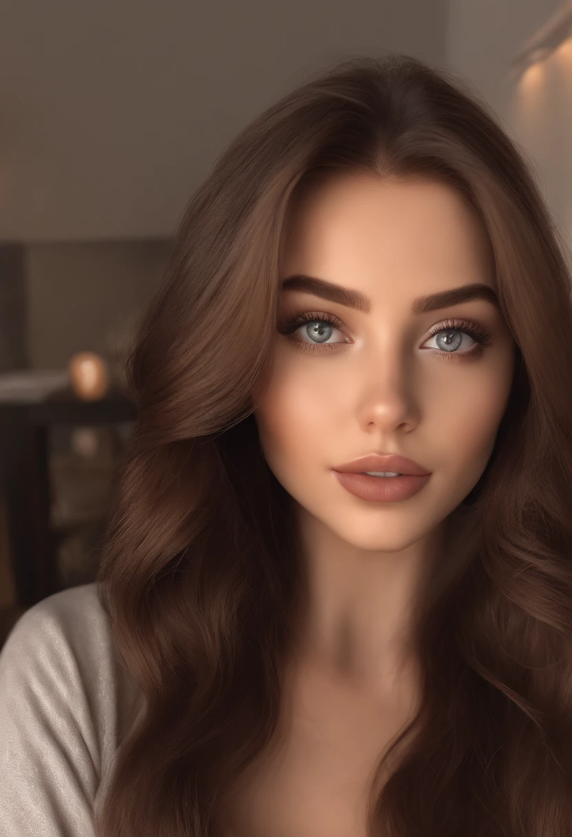 arafed woman fully , sexy girl with brown eyes, ultra realistic, meticulously detailed, portrait sophie mudd, brown lush hair and large eyes, selfie of a young woman, bedroom eyes, violet myers, without makeup, natural makeup, looking directly at the camera, face with artgram, subtle makeup, stunning full body in a restaurant