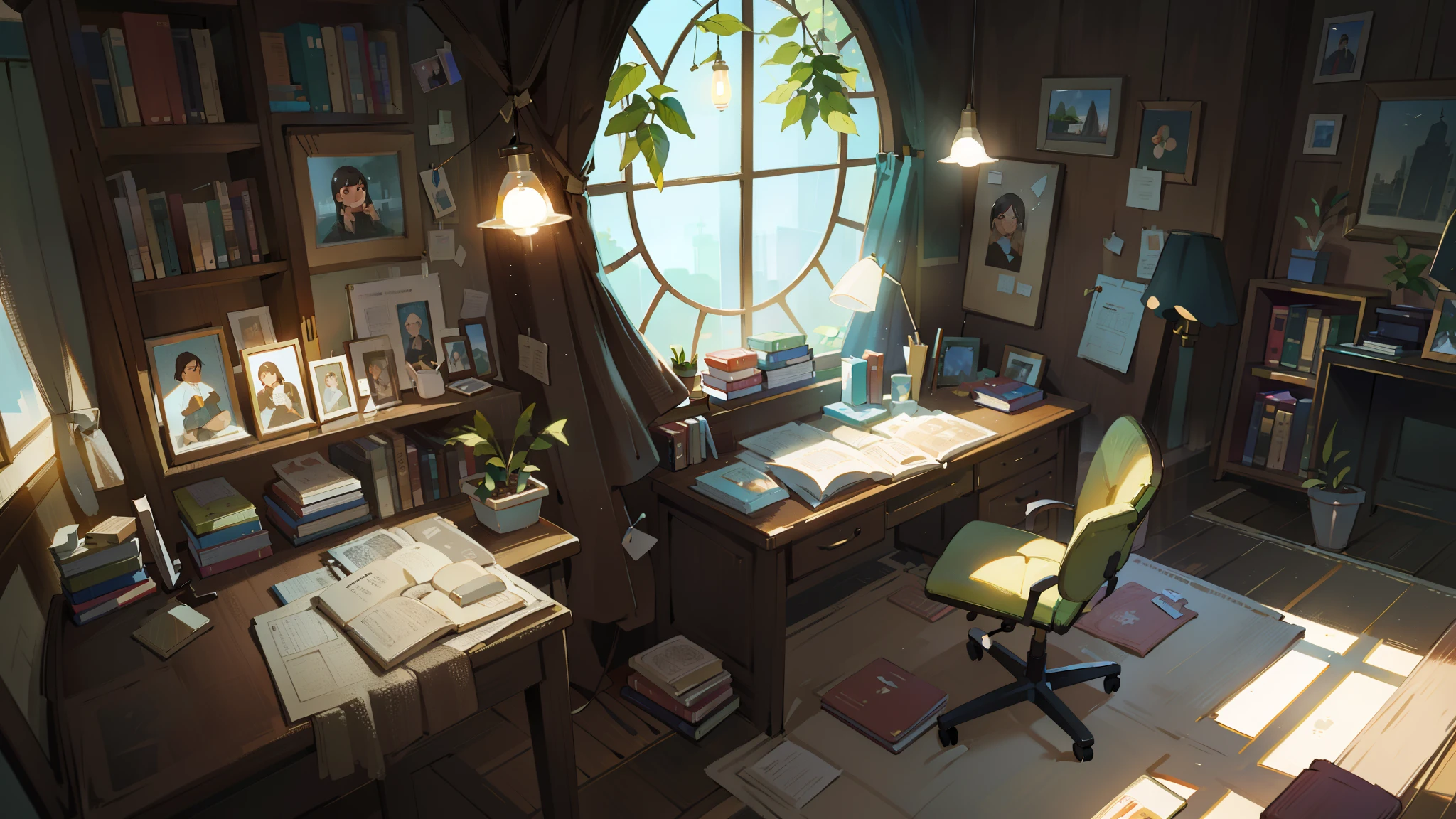 A painting of a cozy office set up in a bedroom. (best quality,4k,8k,highres,masterpiece:1.2),ultra-detailed,(realistic,photorealistic,photo-realistic:1.37),HDR,UHD,studio lighting,ultra-fine painting,sharp focus,physically-based rendering,extreme detail description,professional,vivid colors,bokeh,portraits,interior design,books and bookshelves,laptop computer on desk,office chair,desk lamp,warm color tones,soft natural lighting,curtains, plants and flowers,artificial sunlight streaming in through the window,comfortable and stylish furniture,peaceful and inviting atmosphere.