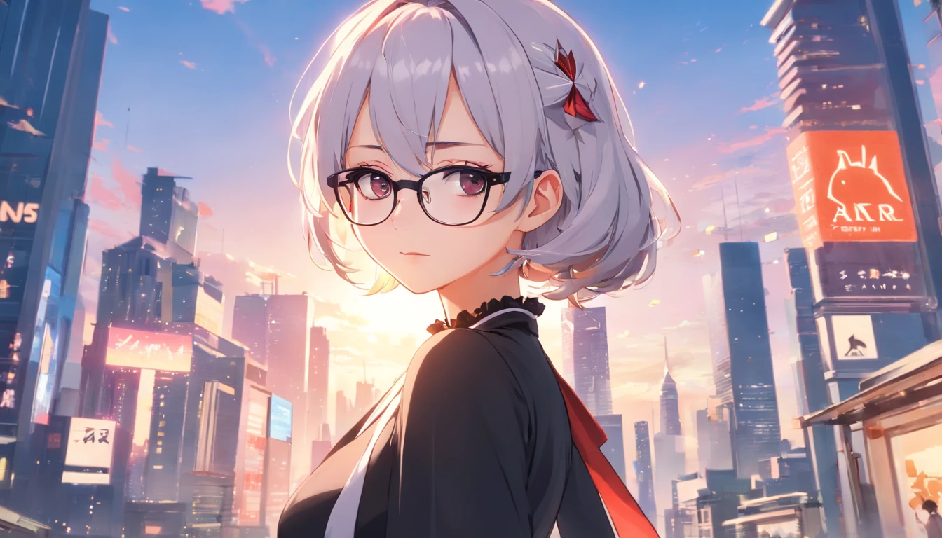 Anime girl with glasses and black dress in the city,From Arknights,Come the Ark of Tomorrow,Ark of tomorrow,female pervert,Super big breasts,whaite hair,long whitr hair,red - eyed,Sick,lilie,Black dress,Lolita prostitute, Best anime 4K wallpapers, anime moe art style,With glasses, portrait of lolita, 4k high res, white-haired god,From Arknights