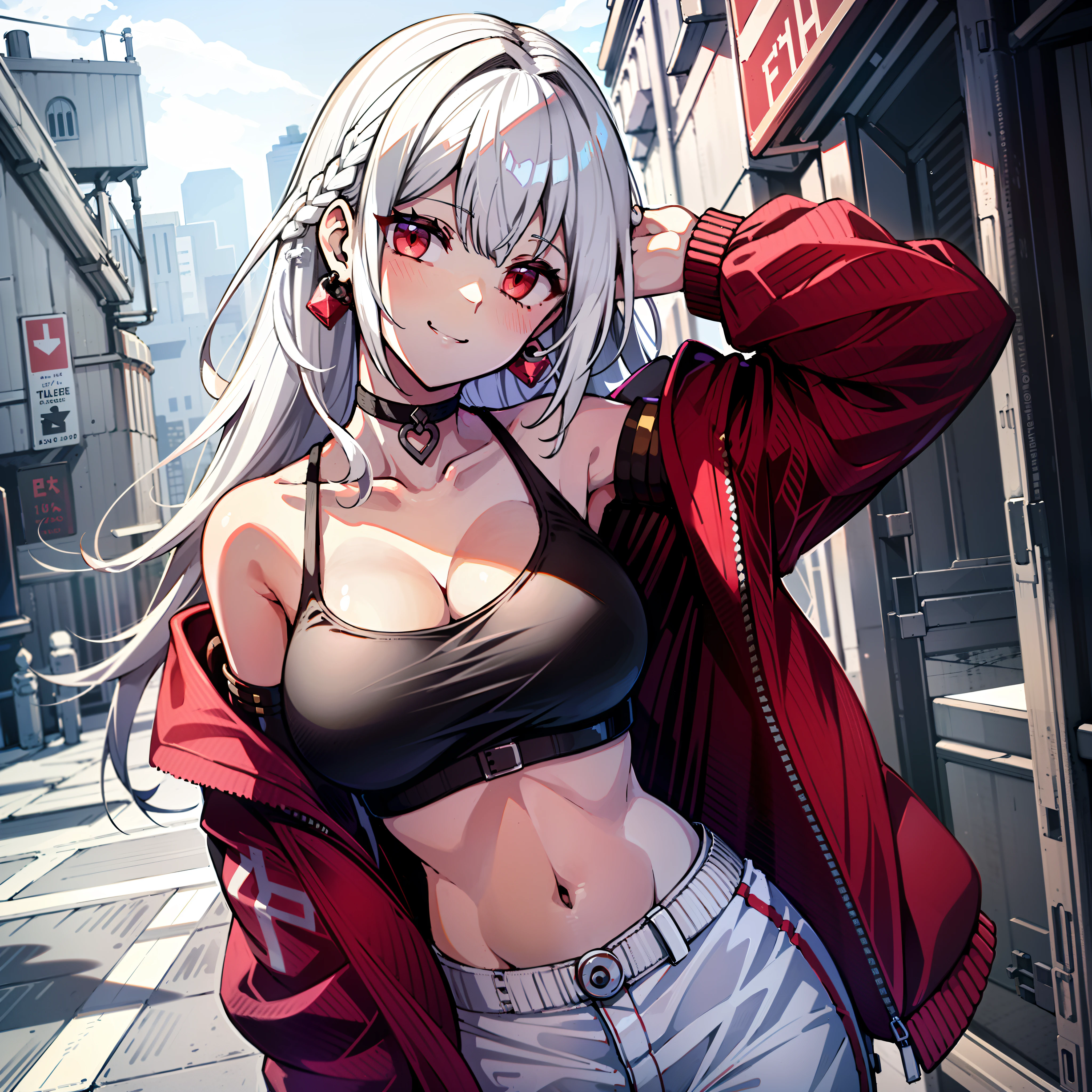 1girl, scenery, large breasts, solo, white pants, black crop top, red jacket, long hair, navel, red eyes, off shoulder, choker, smile, jewelry, looking at viewer, earrings, open clothes, white hair, cleavage, grin, midriff, bare shoulders, collarbone, sleeveless, standing,