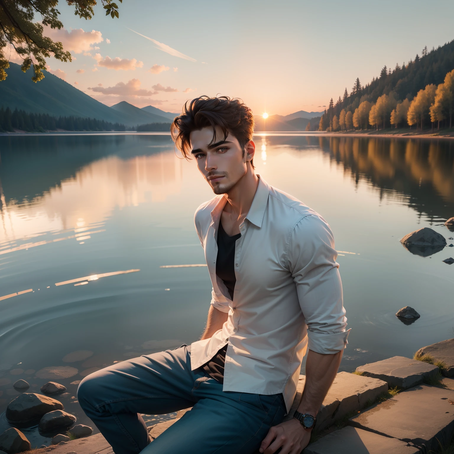 Handsom guy sitting near lake, high quality, clear and true colors, sunset behind guy.