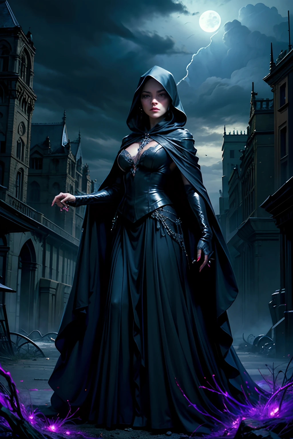 A woman who is a dark and mysterious woman, serious looking, dressed in a dark purple robe with a hood, and a spider web cape, background is dark storm clouds, mood is apprehensive, frustrating, ambiguous, inscrutable, eerie night time light, character design.
