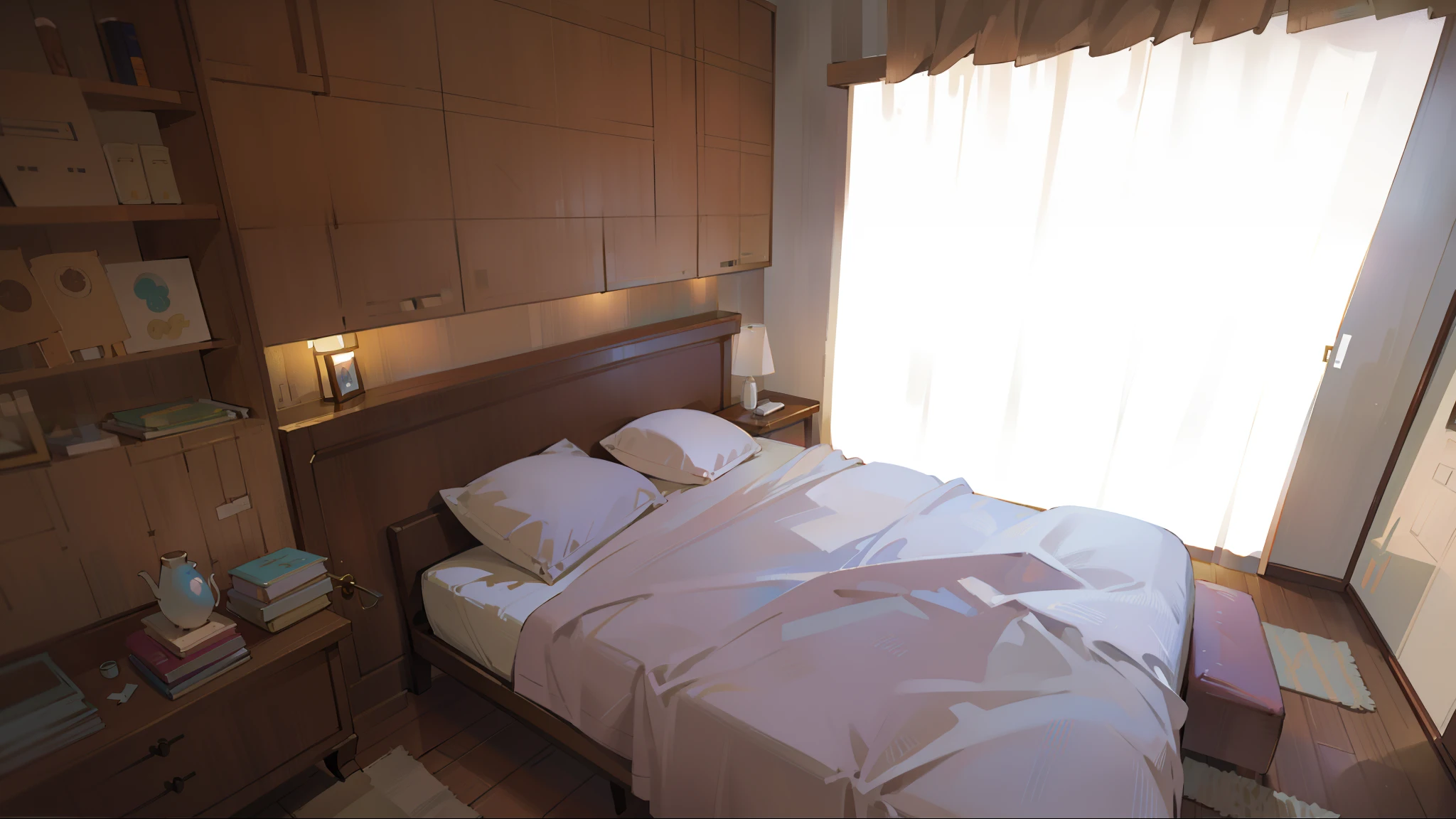 cama desordenada con una ventana abierta