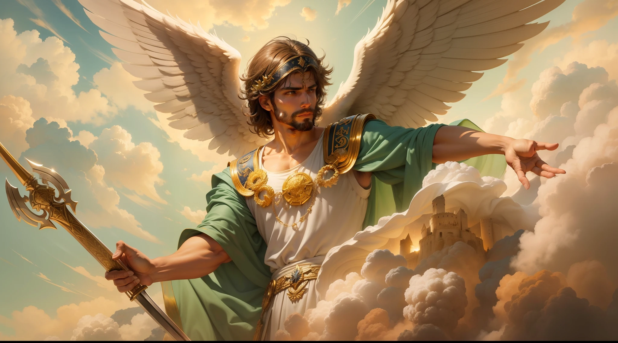 Closeup of an image a man angel with a large and long sword with attack position in right hand, in the other left hand holding a scale, Angel dressed as a Roman soldier looking at the ground, arcanjo homem com asas grandes, o anjo da fortuna, perfeito, Realistic, Biblical setting, Biblical Paradise Setting, sol e nuvens ultras realistas, flores e velas, illuminated archangel of heaven, flores coloridas, velas acesas, roupas brancas e vermelhas
