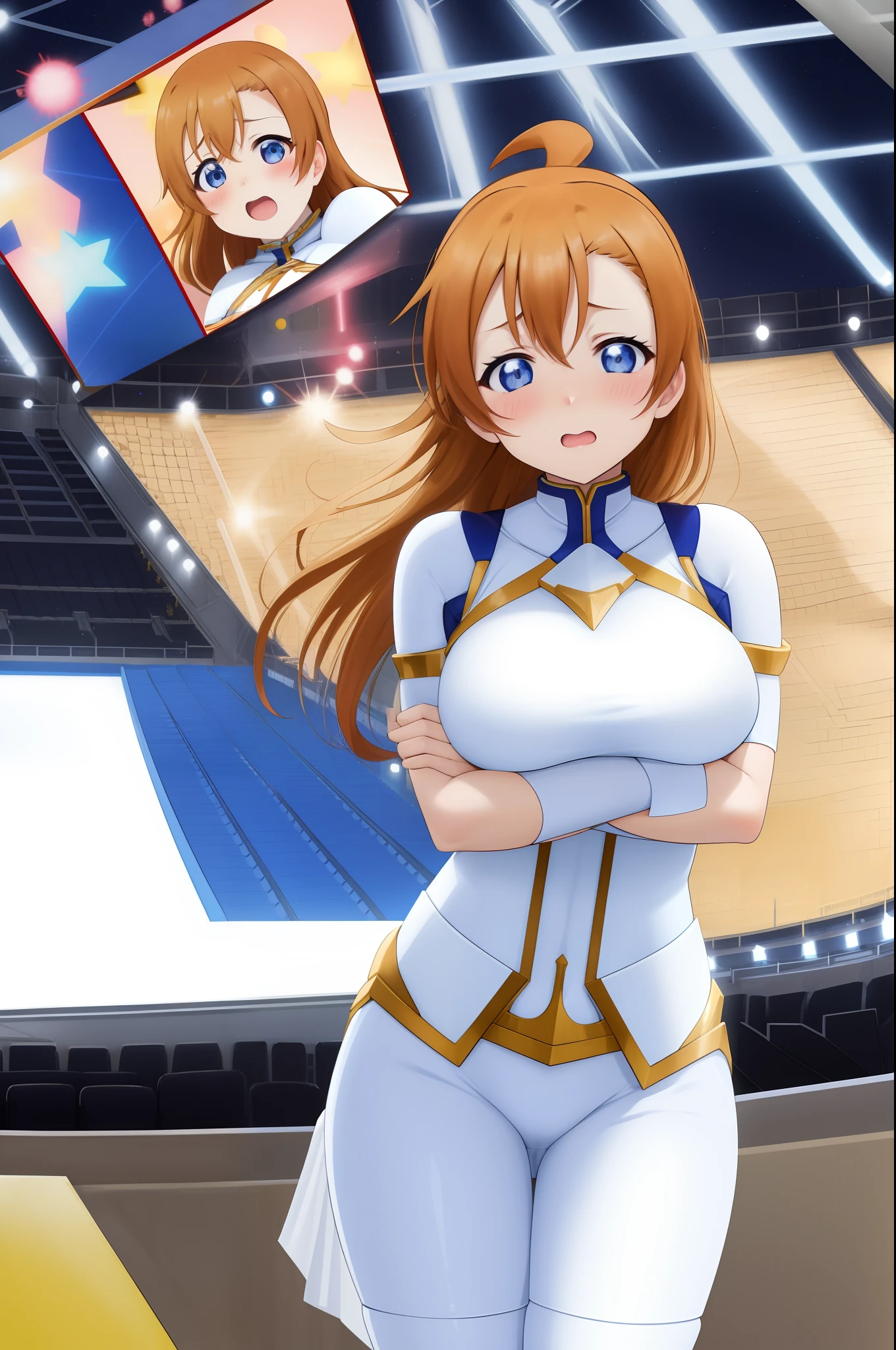 Kousaka honoka, blue eyes, yellow bodysuit, white shoulder armor, white micro pencil skirt, (huge breasts), facing viewer, embarrassed, Blushing, ahoge, standing, in arena, crossed arms, audience