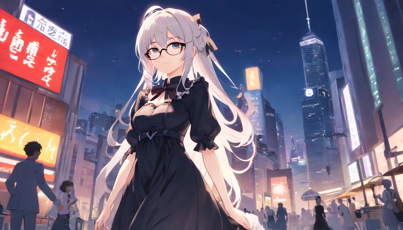 Anime girl with glasses and black dress in the city,From Arknights,Come the Ark of Tomorrow,Ark of tomorrow,Black vintage dress,Black and white Lolita,female pervert,Super big breasts,Super long white hair,Long white hair,whaite hair,long whitr hair,red - eyed,Sick,lilie,Black dress,Lolita prostitute, Best anime 4K wallpapers, anime moe art style,With glasses, portrait of lolita, 4k high res, white-haired god,From Arknights