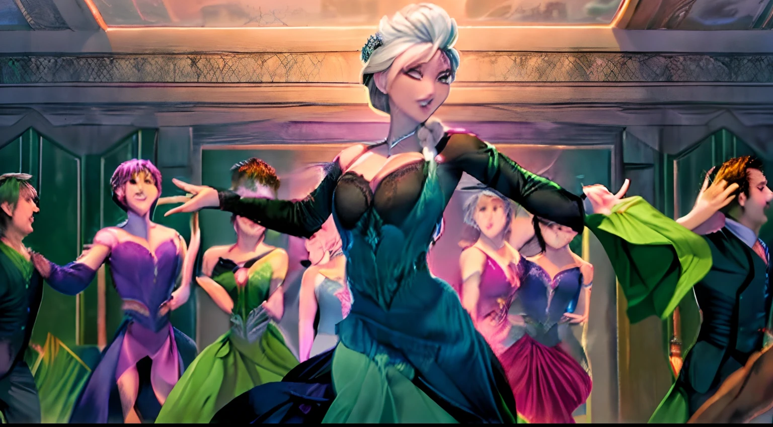 Elsa, sexy pose, dancing, ballroom, crowd,large breasts, cleavage, green dress, black long sleeves, purple cape, hair up