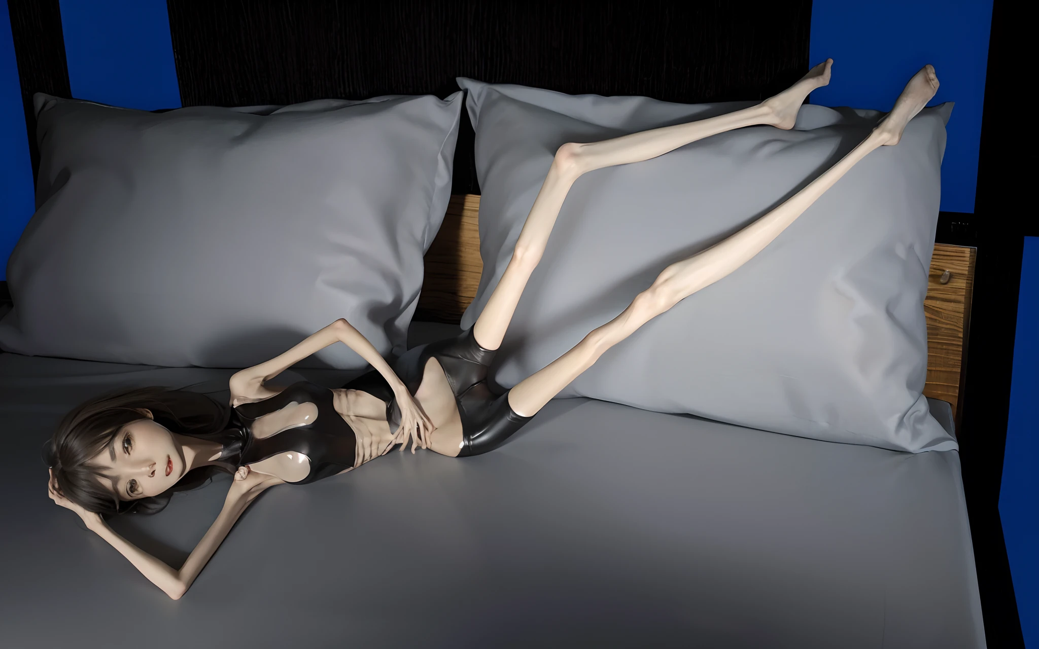 Skinny female,emaciated,the ribs,innominate bone,pelvic bone,sternum,flatchest,big breasts thin waist,Thin leg,tightsuit,leather pant,slippers