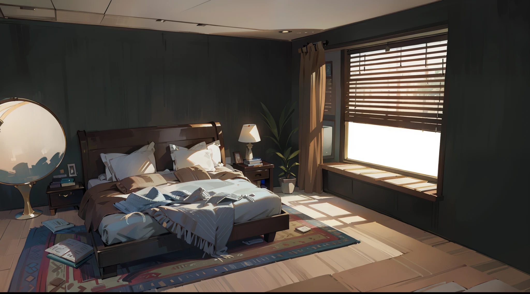 (realistic,photorealistic:1.37),brightly lit modern bedroom,spacious room with large window,comfortable king size bed,soft and luxurious bedding,relaxing color scheme,airy and stylish decor,clean and minimalistic design,plush carpeted floor,wall-mounted TV and audio system,beautifully crafted wooden furniture,full-length mirror,tasteful artwork on the walls,abundant natural light streaming in,cosy reading nook with a comfortable chair,large walk-in closet with organized shelves and hangers,elegant bedside tables with stylish lamps,tranquil atmosphere with a hint of freshness,plants and flowers adding a touch of nature,soft and inviting ambient lighting,calming and peaceful sanctuary,a perfect blend of modernity and comfort.