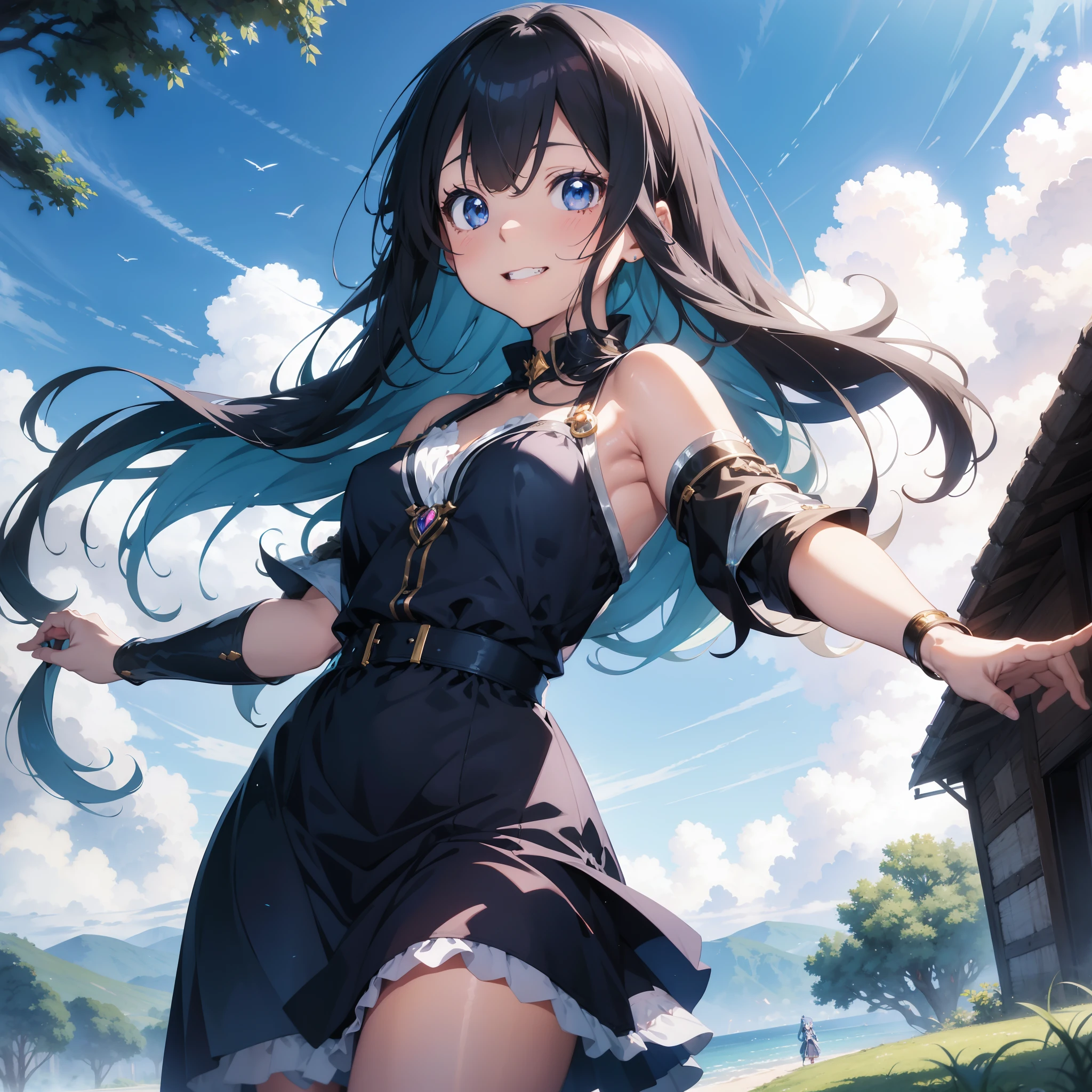 Anime girl with blue eyes and blue luxurious long dress, Smile with double teeth、Smooth Anime CG Art,Chest、watercolor paiting、Detailed Digital Animation Art、Realistic shiny armor,Half Up Hair、Curly hair、Circlet adorned with jewels、Rendering of portrait anime girl、Transparent anime art, Anime visuals of cute girls, Fantastic landscape background spreads out、Drawn in an anime studio, Cute 2D anime girl rendering、