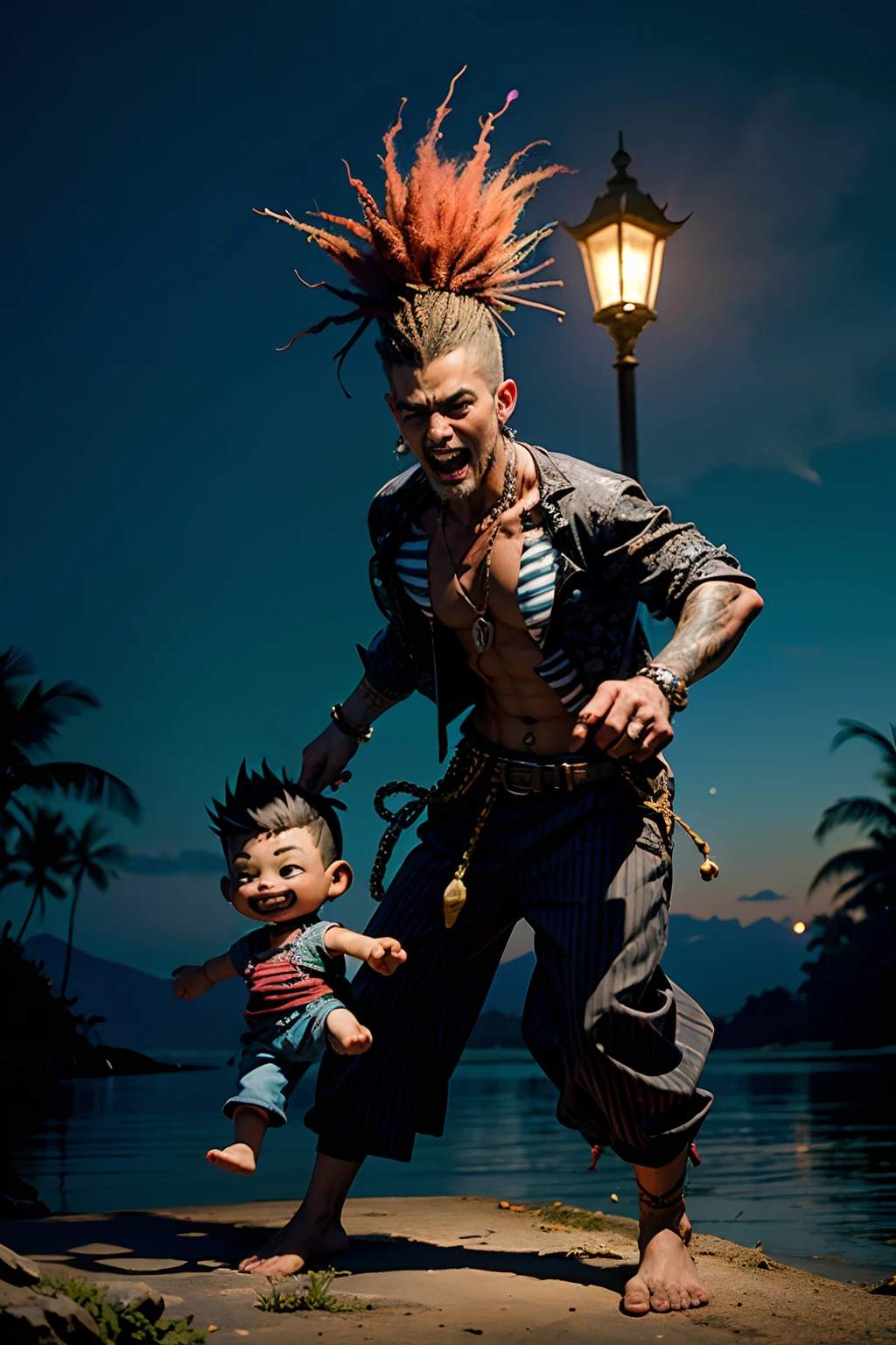 A man who is a voodoo trickster, with spiked hair, wearing striped shirt and a black pants, holding a voodoo rag doll, dancing around like crazy, background is full moon, tropical shoreline, mood is fickle, stupid, insanity, night time light, character design.