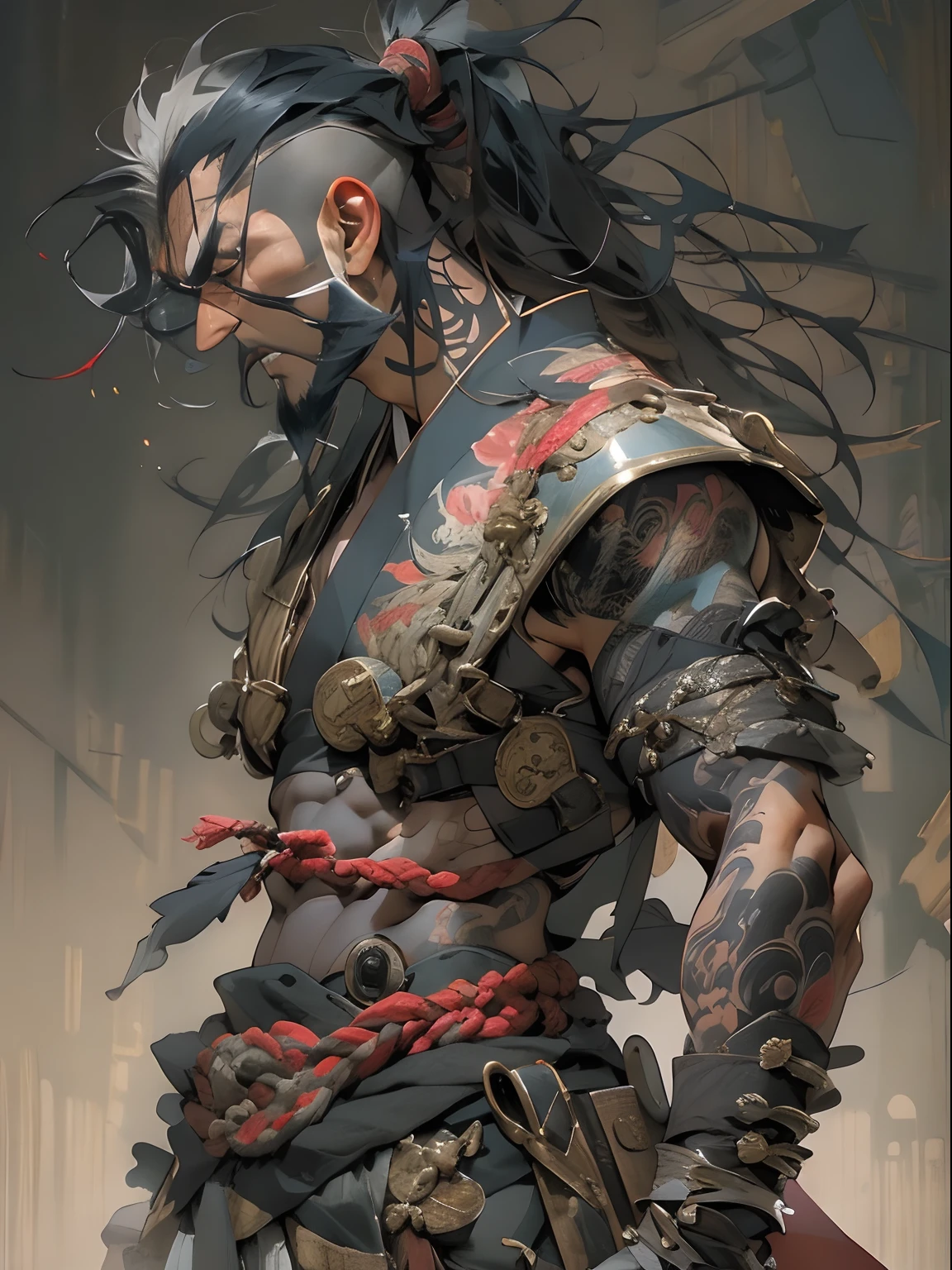 (((mtu))), (((best qualityer))), (((tmasterpiece))), (((AS-Adult))), ((( Japanese ))), Look up from your knees, Handsome Asian samurai，perfect body figure, Modern samurai, ((( Asian))), Wear gloves on your hands，The left arm is made of steel and metal tips，Made of protective devices, The eyes are pulled, (( Appears below the chest )), (( Small dental floss )), Simon Bisley, Almost naked（Simon Bisley）Castle City Wilderness，For high-resolution posters, hair straight, Minimum clothing, armure (Crazy clothes ), Full of tips and rivets, tribal tattoos, (((full bodyesbian))), Straight brunette hair，Colored hair ends
