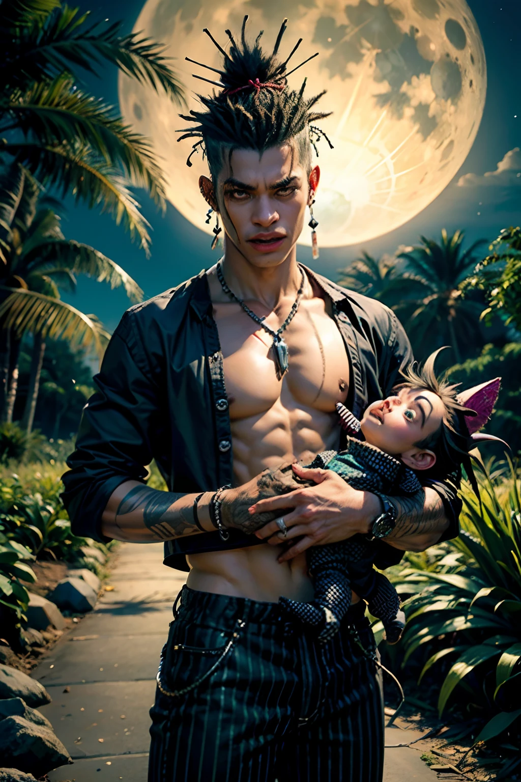 A man who is a voodoo trickster, with spiked hair, wearing striped shirt and a black pants, holding a voodoo rag doll, dancing around like crazy, background is full moon, tropical shoreline, mood is fickle, stupid, insanity, night time light, character design.