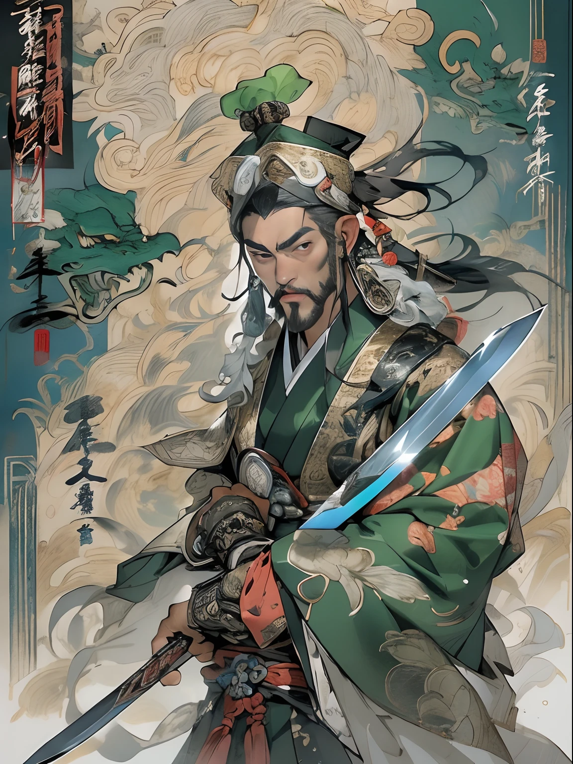 (((China-style,Ink painting method,Half-length portrait,Intense color,Han dynasty, China,Hanfu,Armor,Guan yu,Guan Yunchang,of a guy,Ruddy killing square face,Hold the Blue Dragon Moon Knife in his right hand,Stroke your beard with your left hand,Long hair,petty eyes,Green robe))), (((best qualityer))), (((tmasterpiece))), (((AS-Adult))), ((( Japanese ))), Look up from your knees, Handsome Asian samurai,perfect body figure, Modern samurai, ((( Asian))), Wear gloves on your hands,The left arm is made of steel and metal tips,Made of protective devices, The eyes are pulled, (( Appears below the chest )), (( Small dental floss )), Simon Bisley, Almost naked(Simon Bisley)Castle City Wilderness,For high-resolution posters, hair straight, Minimum clothing, armure (Crazy clothes ), Full of tips and rivets, tribal tattoos, (((full bodyesbian))), Straight brunette hair,Colored hair ends
