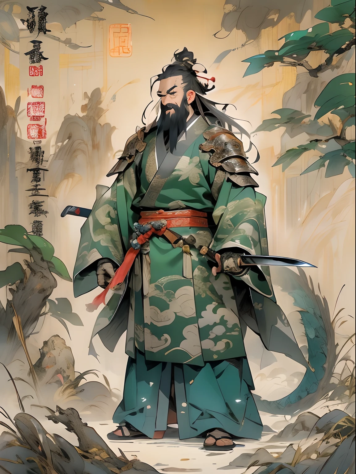 (((China-style，Ink painting method，Half-length portrait，Intense color，Han dynasty, China，Hanfu，Armor，Guan yu，Guan Yunchang，of a guy，Ruddy killing square face，Hold the Blue Dragon Moon Knife in his right hand，Stroke your beard with your left hand，Long hair，petty eyes，Green robe))), (((best qualityer))), (((tmasterpiece))), (((AS-Adult))), ((( Japanese ))), Look up from your knees, Handsome Asian samurai，perfect body figure, Modern samurai, ((( Asian))), Wear gloves on your hands，The left arm is made of steel and metal tips，Made of protective devices, The eyes are pulled, (( Appears below the chest )), (( Small dental floss )), Simon Bisley, Almost naked（Simon Bisley）Castle City Wilderness，For high-resolution posters, hair straight, Minimum clothing, armure (Crazy clothes ), Full of tips and rivets, tribal tattoos, (((full bodyesbian))), Straight brunette hair，Colored hair ends