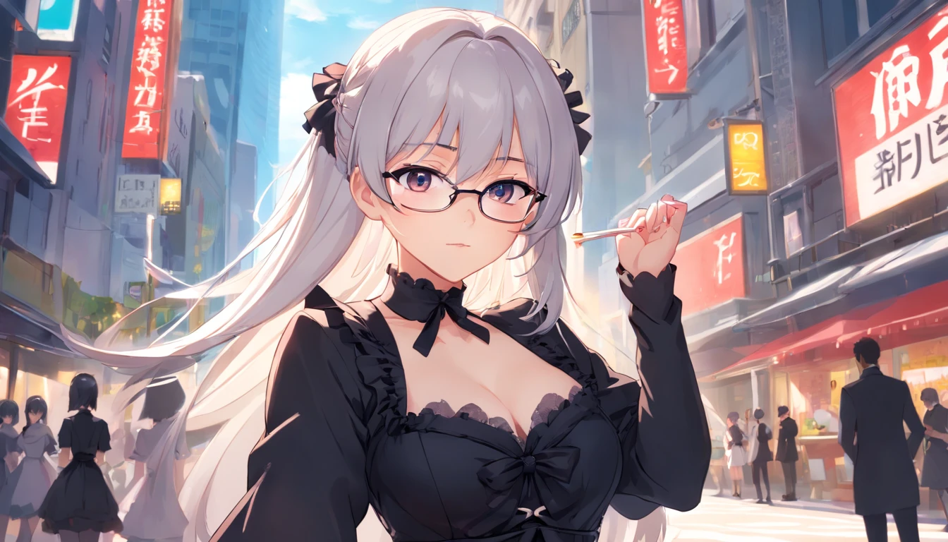 Anime girl with glasses and black even Lolita dress in the city,Bigchest,From Arknights,Come the Ark of Tomorrow,Ark of tomorrow,Black vintage dress,Black and white Lolita,female pervert,Super big breasts,Bigchest,Super long white hair,Long white hair,whaite hair,long whitr hair,red - eyed,Sick,lilie,Black dress,Lolita prostitute, Best anime 4K wallpapers, anime moe art style,With glasses, portrait of lolita, 4k high res, white-haired god,From Arknights