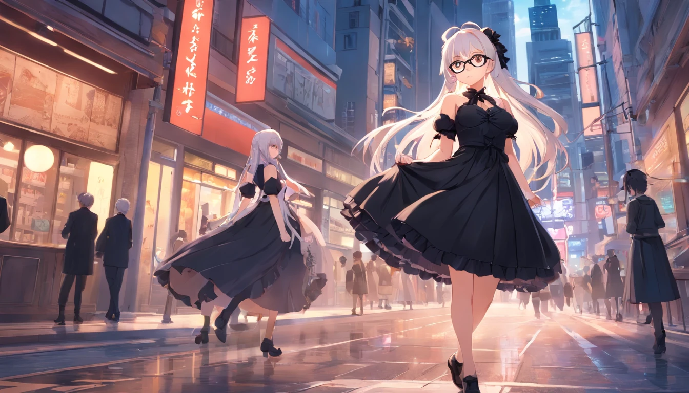 Anime girl with glasses and black even Lolita dress in the city,Bigchest,From Arknights,Come the Ark of Tomorrow,Ark of tomorrow,Black vintage dress,Black and white Lolita,female pervert,Super big breasts,Bigchest,Super long white hair,Long white hair,whaite hair,long whitr hair,red - eyed,Sick,lilie,Black dress,Lolita prostitute, Best anime 4K wallpapers, anime moe art style,With glasses, portrait of lolita, 4k high res, white-haired god,From Arknights