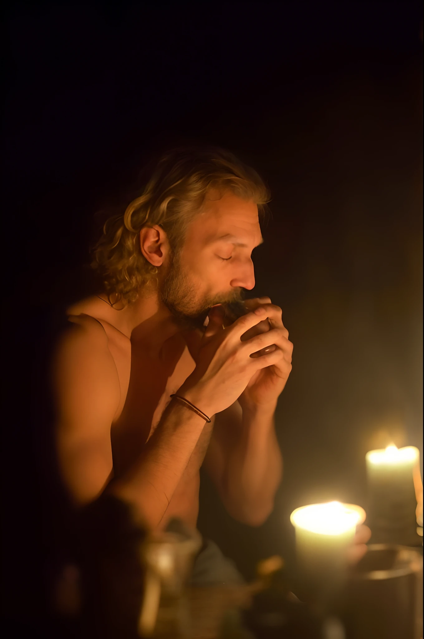 Highly detailed hyperrealistic image of a man who is drinking from a small wooden glass in the dark, ayahuasca ceremony, fosforescente, beber, several candles around you, ayahuasca shaman, felix englund, festival, comer um cogumelo, Como oferenda a Zeus, Directed by: Jan Tengnagel, production still, Rezar com tabaco, in the nighttime, ayahuasca, um druida, Noite
