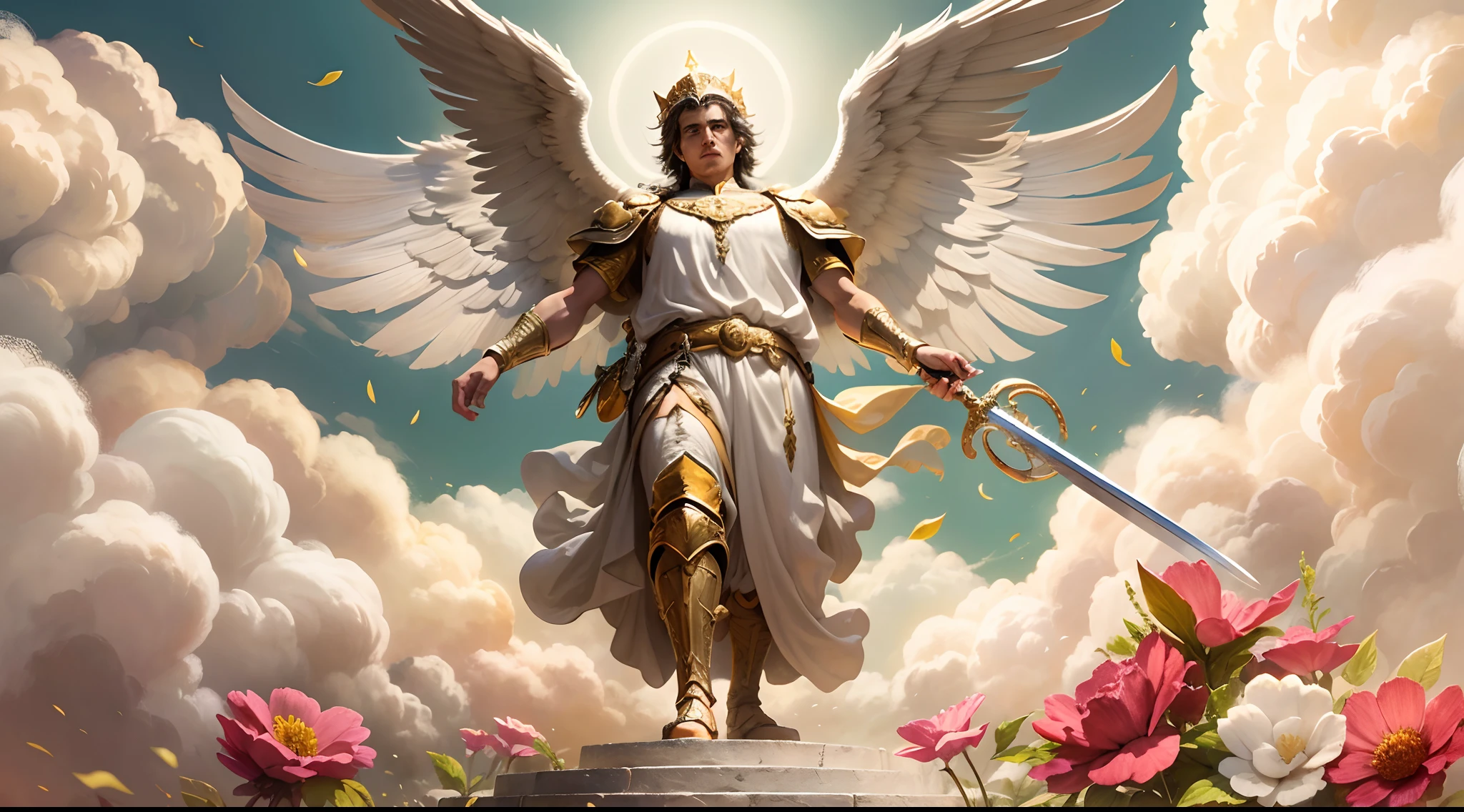 Closeup of an image a man angel with a large and long sword with attack position in right hand, in the other left hand holding a scale, Angel dressed as a Roman soldier looking at the ground, arcanjo homem com asas grandes, o anjo da fortuna, perfeito, Realistic, Biblical setting, Biblical Paradise Setting, sol e nuvens ultras realistas, flores e velas, illuminated archangel of heaven, flores coloridas, velas acesas, roupas brancas e vermelhas
