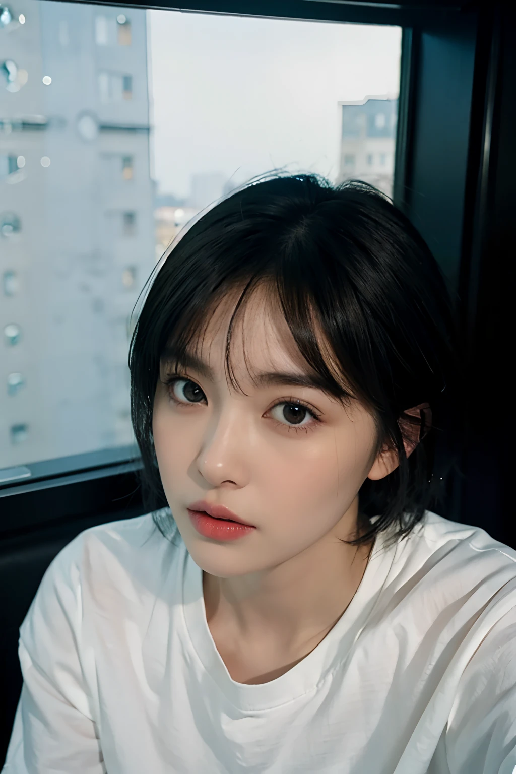 One beautiful woman, front, waist up angle, detailed eyes, big eyes, black eyes, fair skin, slender, black hair, short hair, wet hair, wet skin, background is hotel room with night view, rain outside window, water drops on window, swollen eyes, sad expression, sexy, dressed in plain white t-shirt, night, straight hair, bangs, nude , sexy