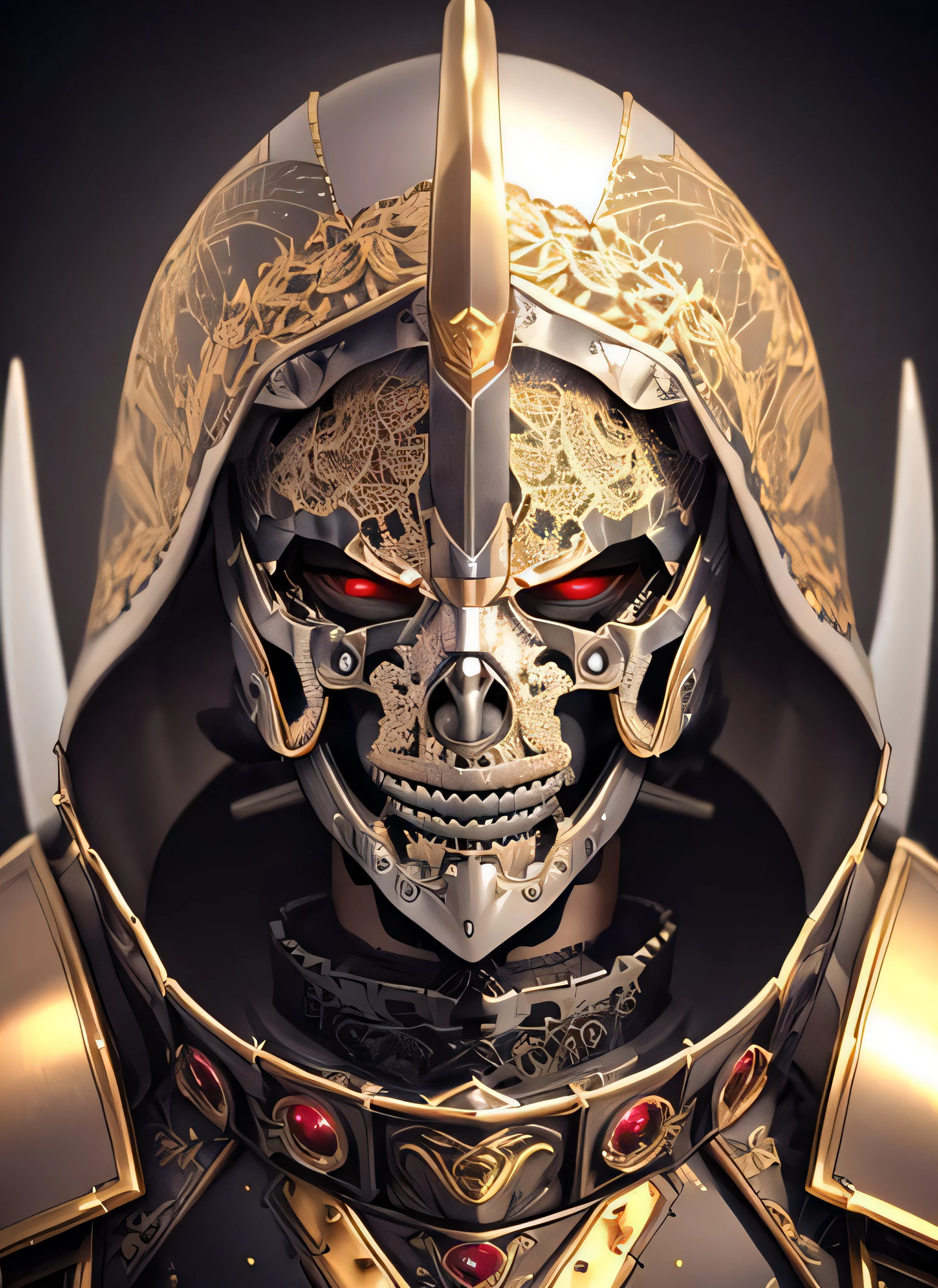 Ghost - the japanesse samurai evil force, beautiful natural soft light, rim light, gold fractal details, fine lace, mandelbot fractal anatomical, glass, facial muscles, elegant, ultra detailed, metallic armor, octane render, hands