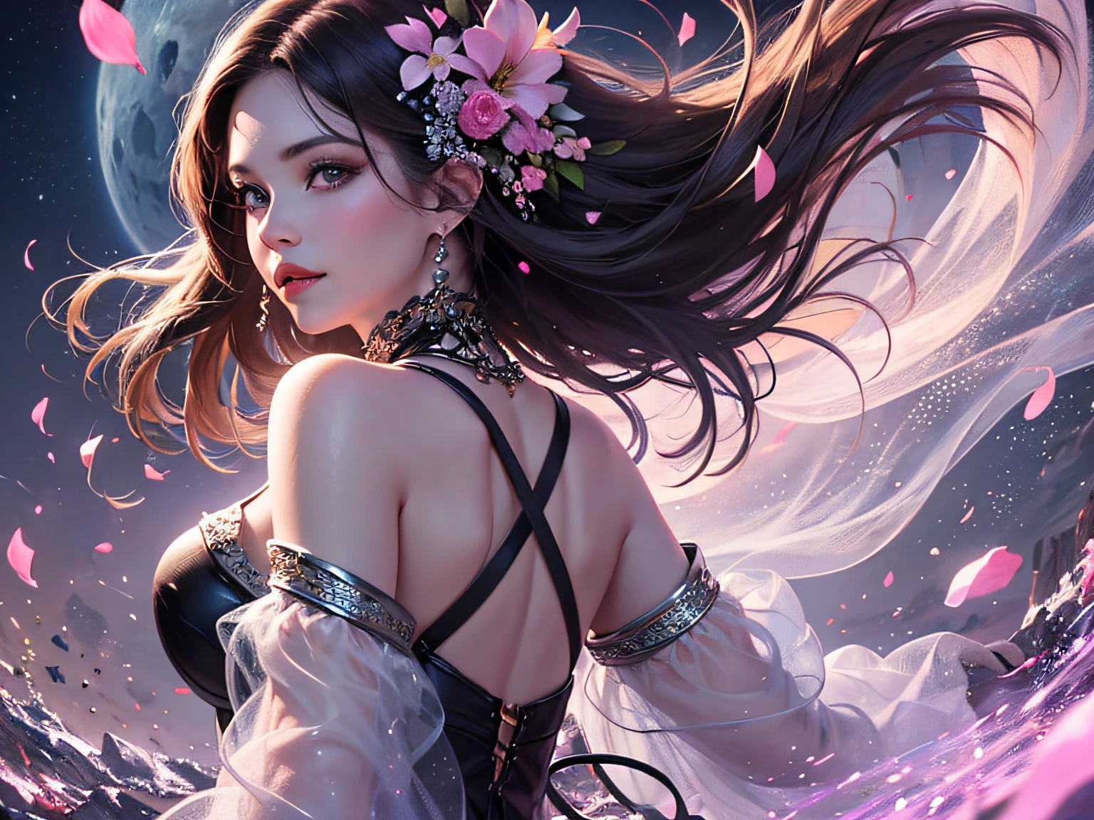 High quality, high resolution, beautiful girl with long hair, pink hair and pink eyes, black gothic lolita outfit, moonlit night, magic wand, Korean glitter eye makeup, very delicate makeup, shiny hair