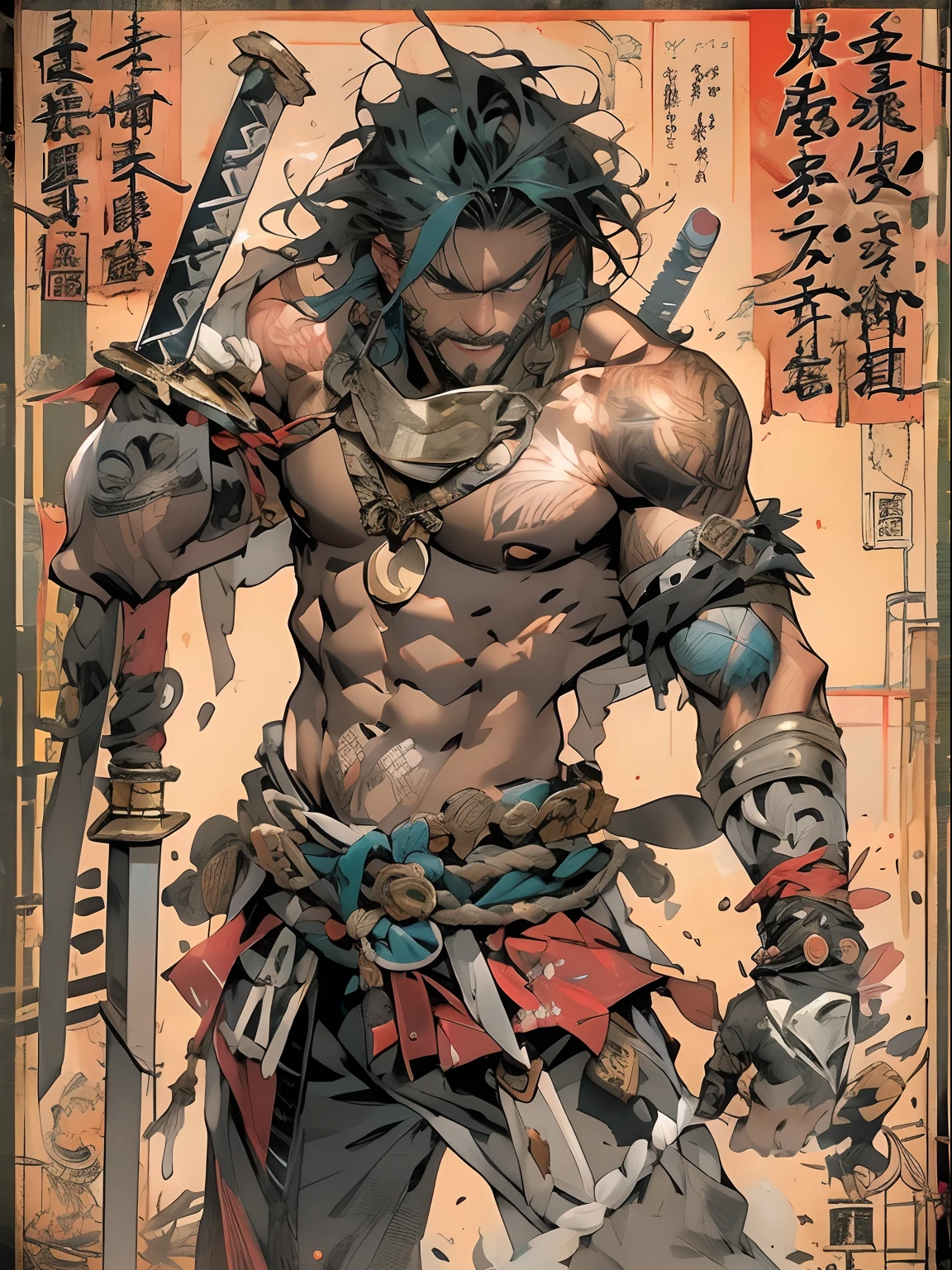 (((mtu))), (((best qualityer))), (((tmasterpiece))), (((AS-Adult))), ((( Japanese ))), Look up from your knees, Handsome Asian samurai，perfect body figure, Modern samurai, ((( Asian))), Wear gloves on your hands，The left arm is made of steel and metal tips，Made of protective devices, The eyes are pulled, (( Appears below the chest )), (( Small dental floss )), Simon Bisley, Almost naked（Simon Bisley）Castle City Wilderness，For high-resolution posters, hair straight, Minimum clothing, armure (Crazy clothes ), Full of tips and rivets, tribal tattoos, (((full bodyesbian))), Straight brunette hair，Colored hair ends