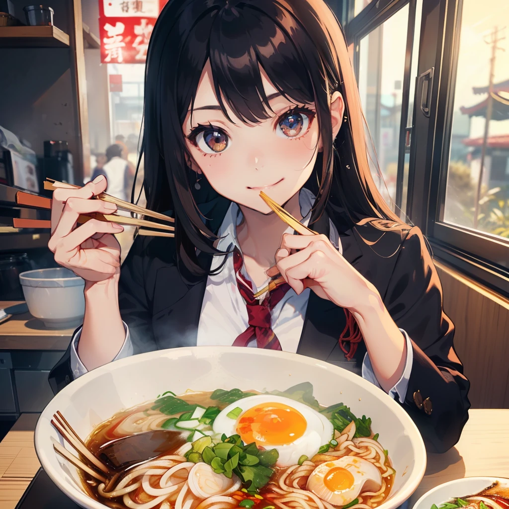 1 beauty, female students, Watery Big Eyes,large full breasts, blazer and tie, (Happy smile),long eyelasher, Blushlush,Black Perm Hair, At the counter seat of a special ramen shop,A cup of ramen noodles,((Perfectly shaped chopsticks:1.2)),(Perfect chopstick grip:1.2), (Skillfully holding chopsticks with right hand:1.4),Beautiful noodles,(Bring the noodles picked up with chopsticks to your mouth.),((Eat noodles deliciously)),(Eat cleanly), Hang your bangs over your ears with your left hand,Face shot,zoomed、(Bring your face close to the ramen and eat the noodles:1.2)