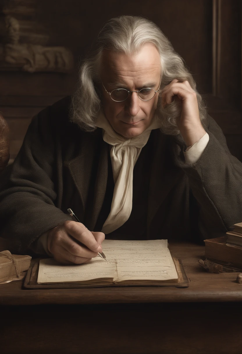 I need an ultrarealistic high-definition image of physicist Isaac Newton writing a formula