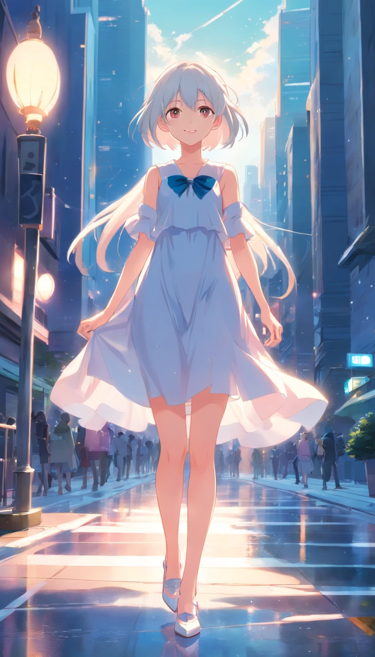 (((Masterpiece, Best Quality, High Resolution))), Cyberpunk slender young girl, White long hair, Full-length in a short dress, is looking at the camera, against the backdrop of the city, white short dress, naked legs, brightness, Masterpiece, Best Quality, 1girl, hiquality, Ultra Detailed, ((lifelike skin)), ((realistic face)),(illustartion:1.05), (Beautiful:1.05), (beautiful detail eyes:1.05), Form-fitting silhouette, Slim, small breasts, white clothing. Faraway view. full-length photo, The wind lifts the dress, Smile, 1 girl