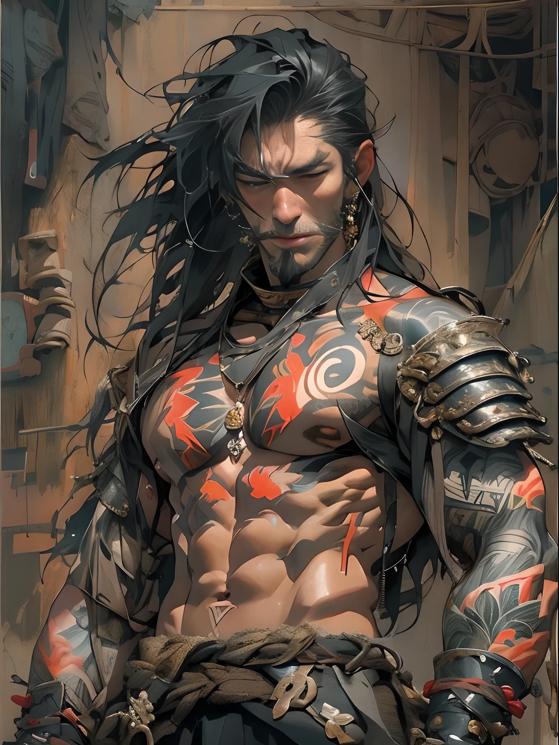 (((mtu))), (((best qualityer))), (((tmasterpiece))), (((AS-Adult))), ((( Japanese ))), Look up from your knees, Handsome Asian samurai,perfect body figure, Modern samurai, ((( Asian))), Wear gloves on your hands,The left arm is made of steel and metal tips,Made of protective devices, The eyes are pulled, (( Appears below the chest )), (( Small dental floss )), Simon Bisley, Almost ?????(Simon Bisley)Castle City Wilderness,For high-resolution posters, hair straight, Minimum clothing, armure (Crazy clothes ), Full of tips and rivets, tribal tattoos, (((full bodyesbian))), Straight brunette hair,Colored hair ends