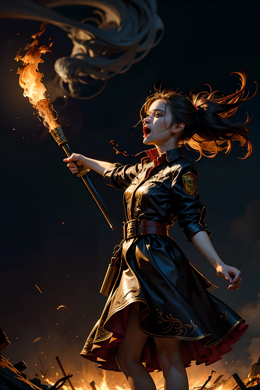 A woman who is an angry woman holding a flaming torch, screaming, background is dark sky with flames and smoke, mood is devastating, destructive, corrupting, deleterious, night time light, character design.